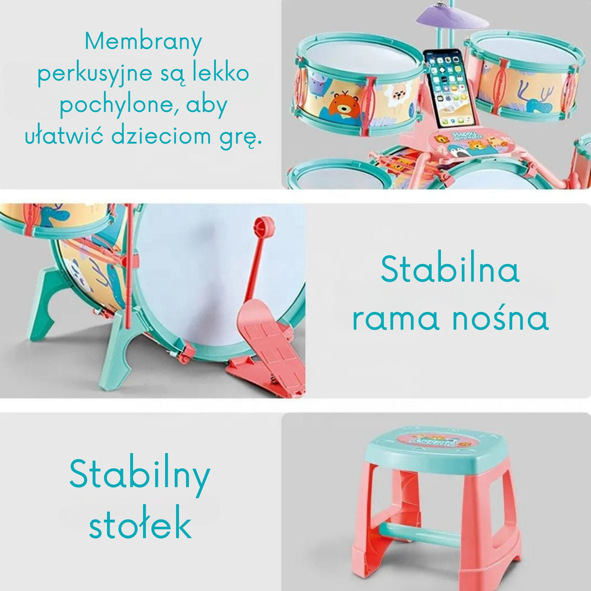 Woopie Percussioni Educative Per Bambini 5 Tamburi 1 Piatto + Sgabello a tema Animali