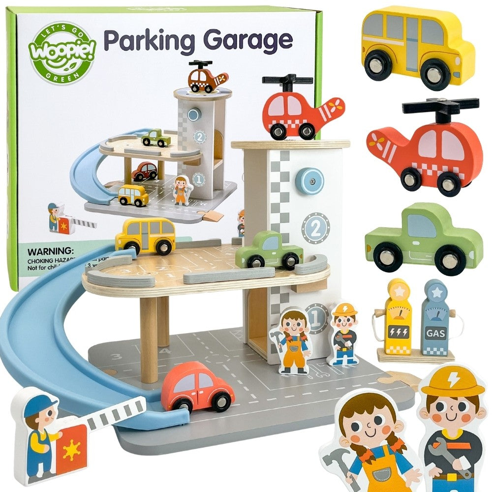 Woopie Green Wooden Parking Garage 2 In 1 Gas Station With Cars And Figures 12 Pcs Fsc