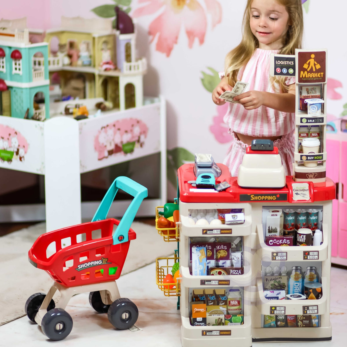 Woopie Supermarket Butik med Varukorgsvåg Kassaregisterskanner + 48 Acc.