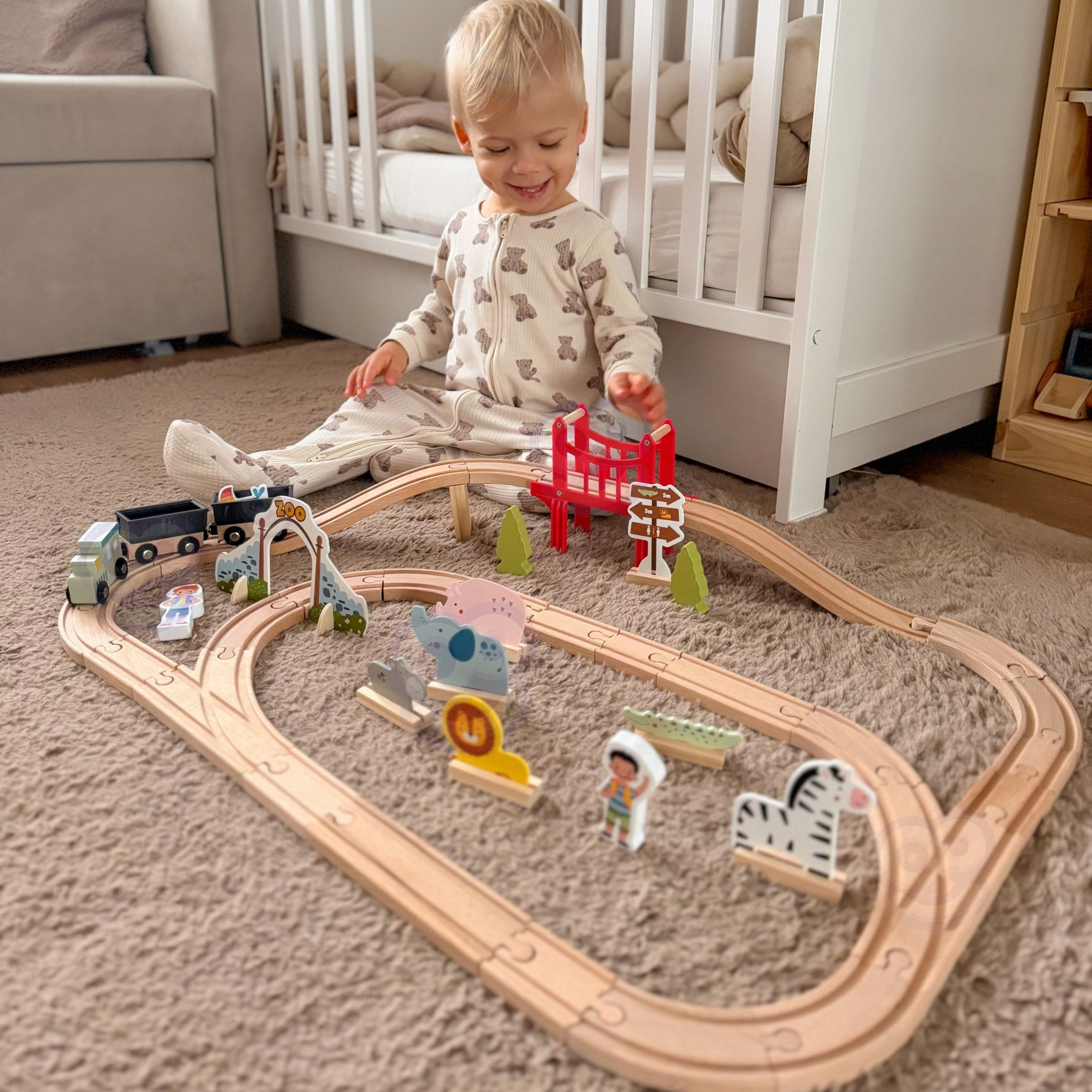 Woopie Green Wooden Zoo Train Set Xl Magnetic Train Track 60 Pcs Fsc