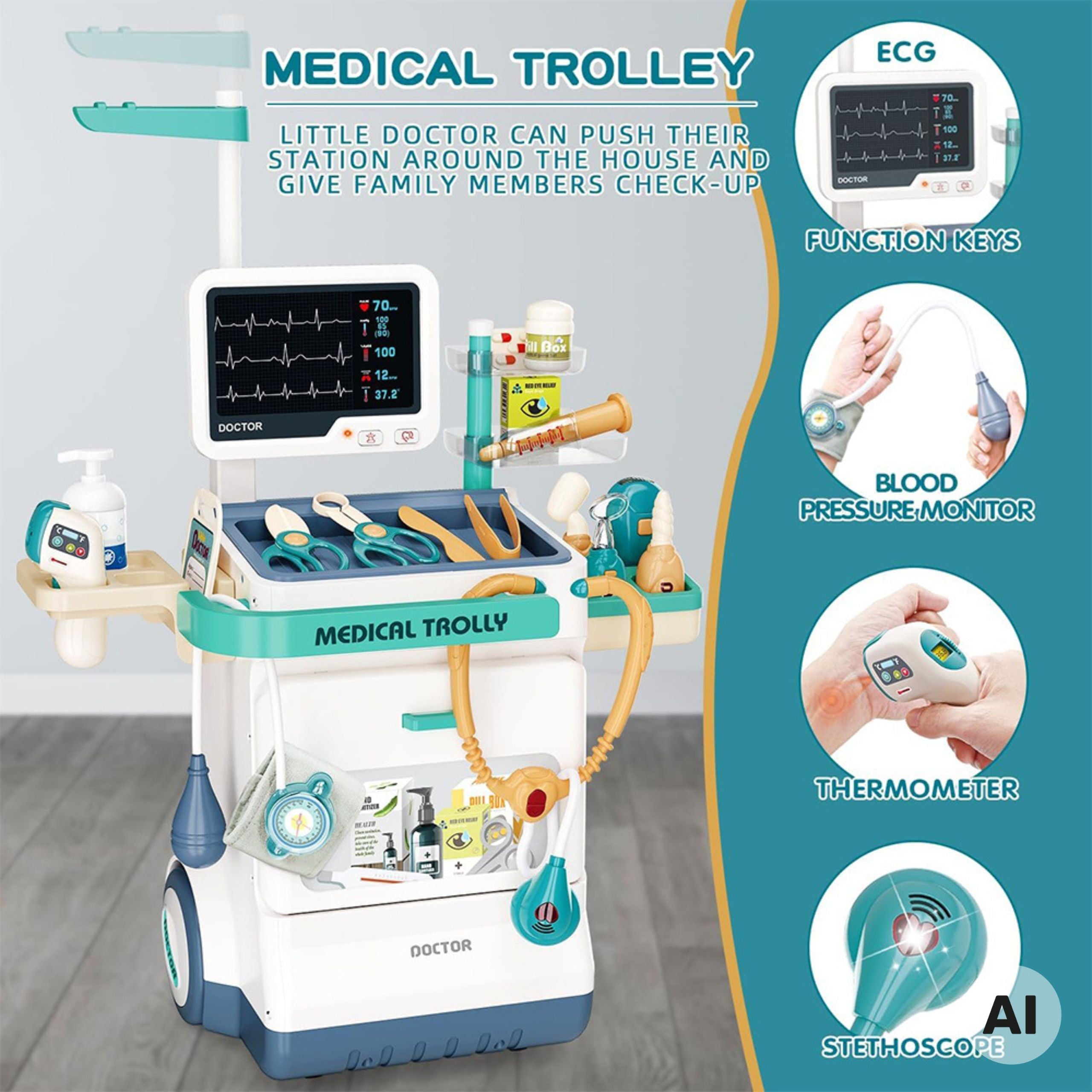 Woopie Doctor's Trolley Set Little Doctor Ekg Sound Light Adjustable 26pcs
