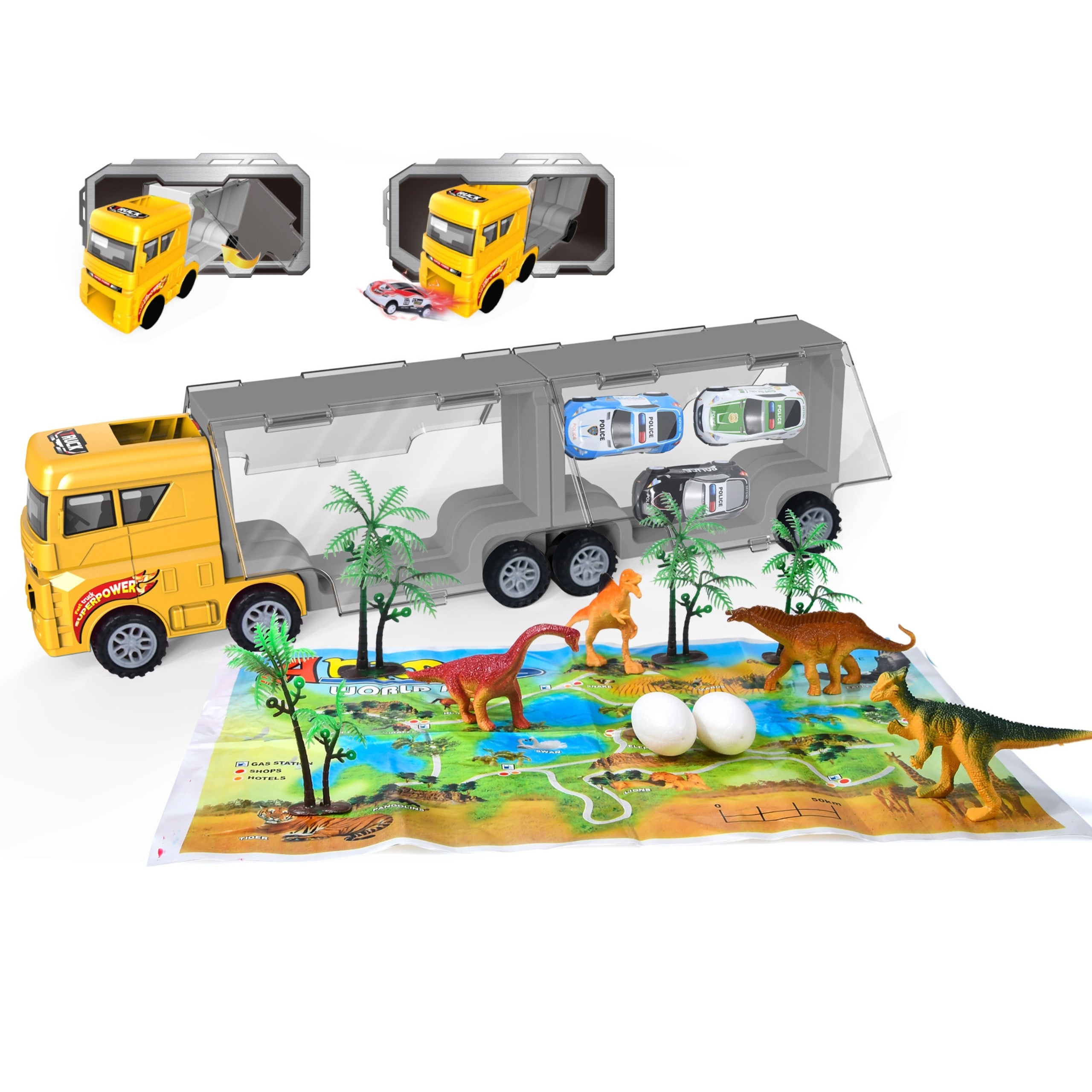 Conjunto + modelo de dinossauro Woopie Truck Transporter 2 em 1