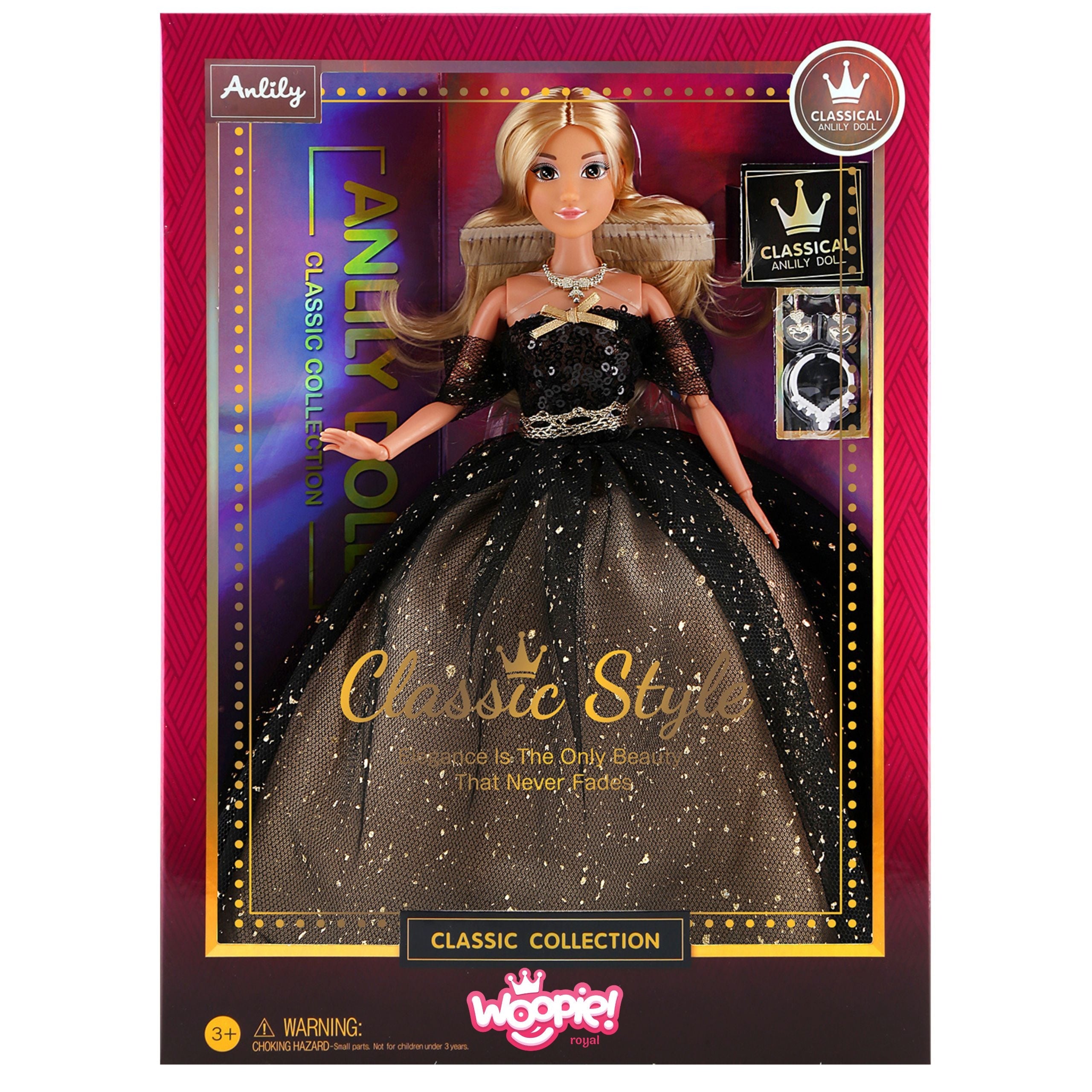 Woopie Royal Lily Doll 30cm Long Blonde Hair Black Ball Gown
