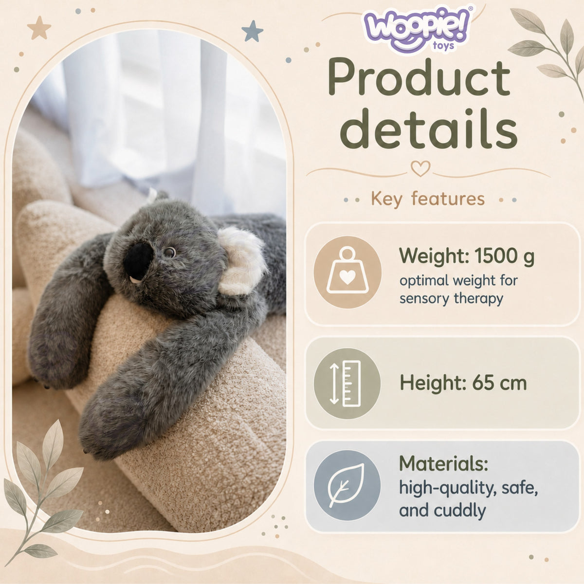 Woopie Koala Антистрес сензорна плюшена играчка с тежести 65 см 1500 г