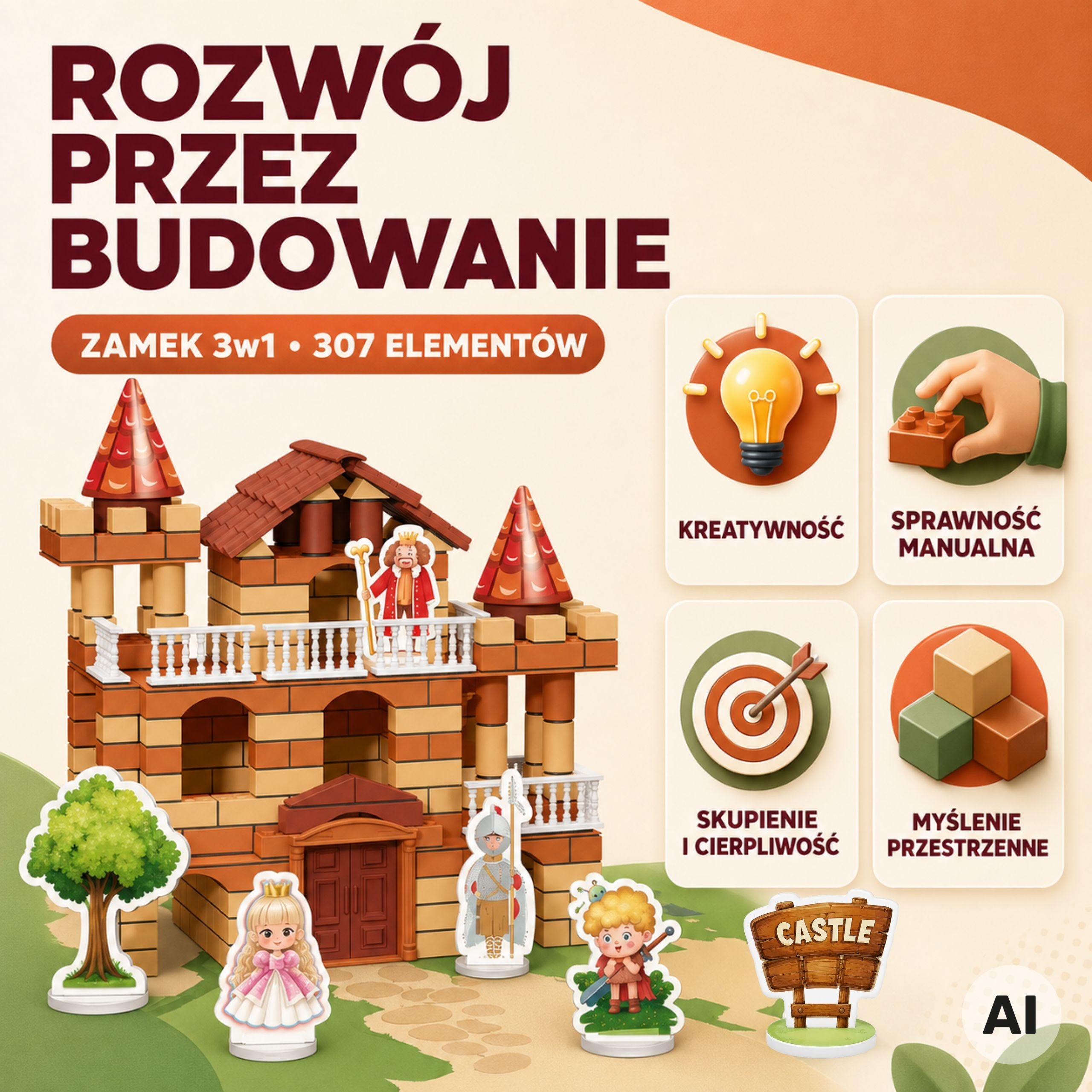 3-in-1 Brick Castle 307 Pieces Figures Diy Construction Set For Kids