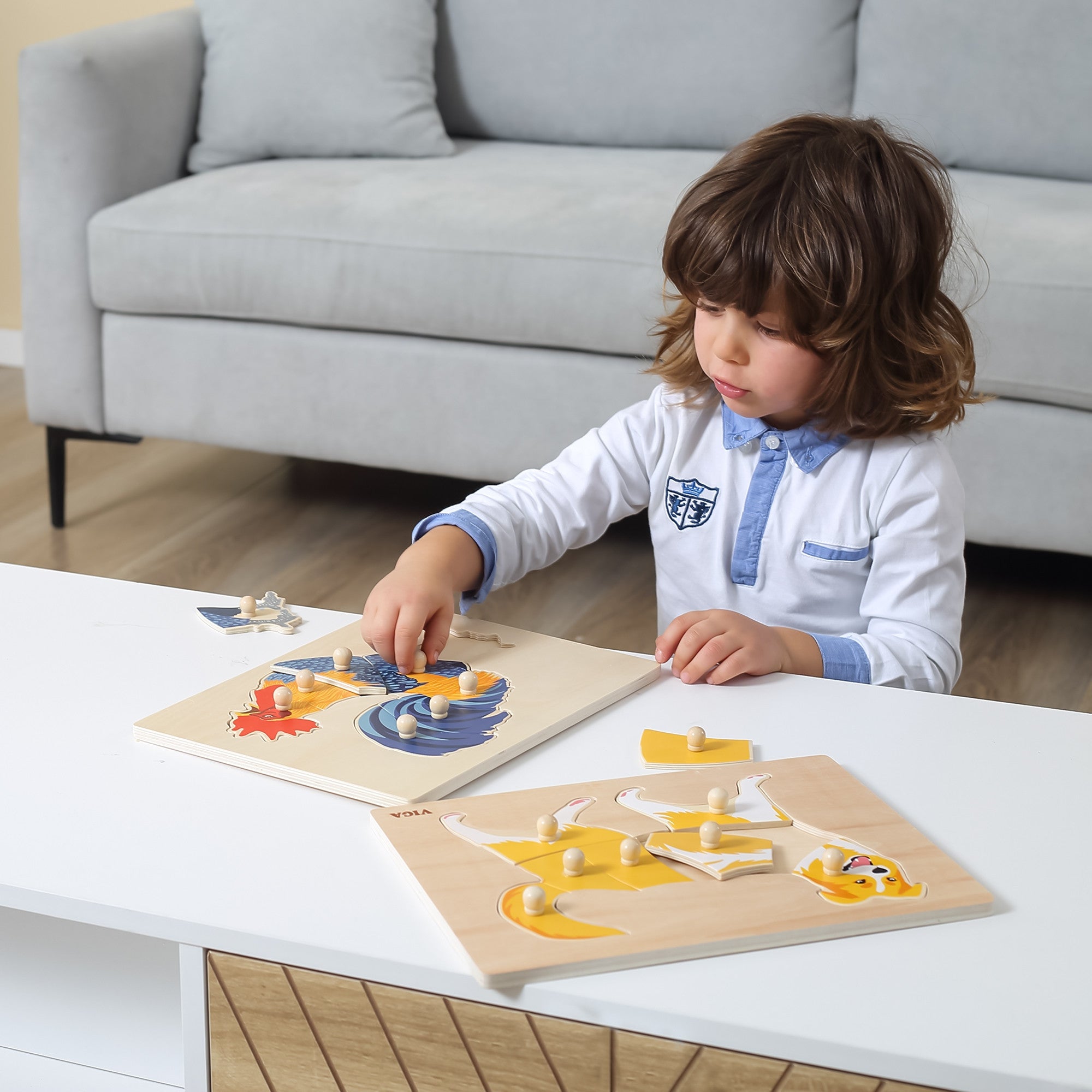 Drewniane puzzle Montessori Viga Kogut Z Kołeczkami