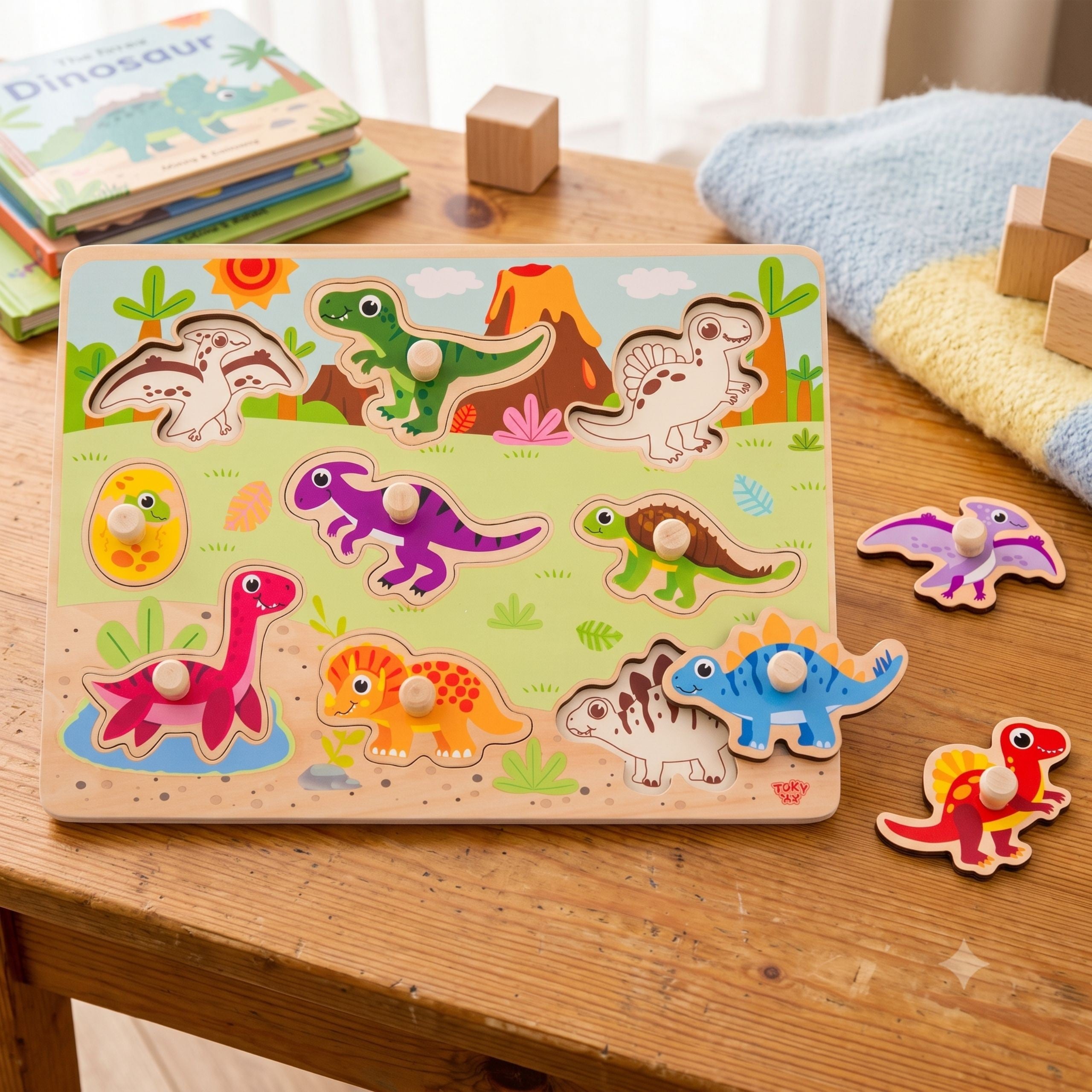 Tooky Toy Puzzle Montessori in legno con forme di dinosauri