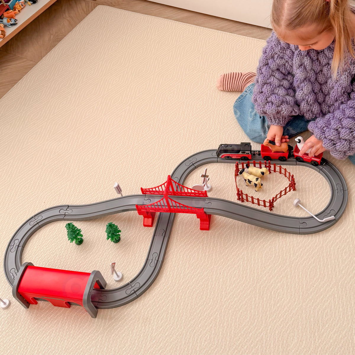 Conjunto de trem elétrico Woopie Locomotiva Trilha Animais de fazenda 70 unidades.