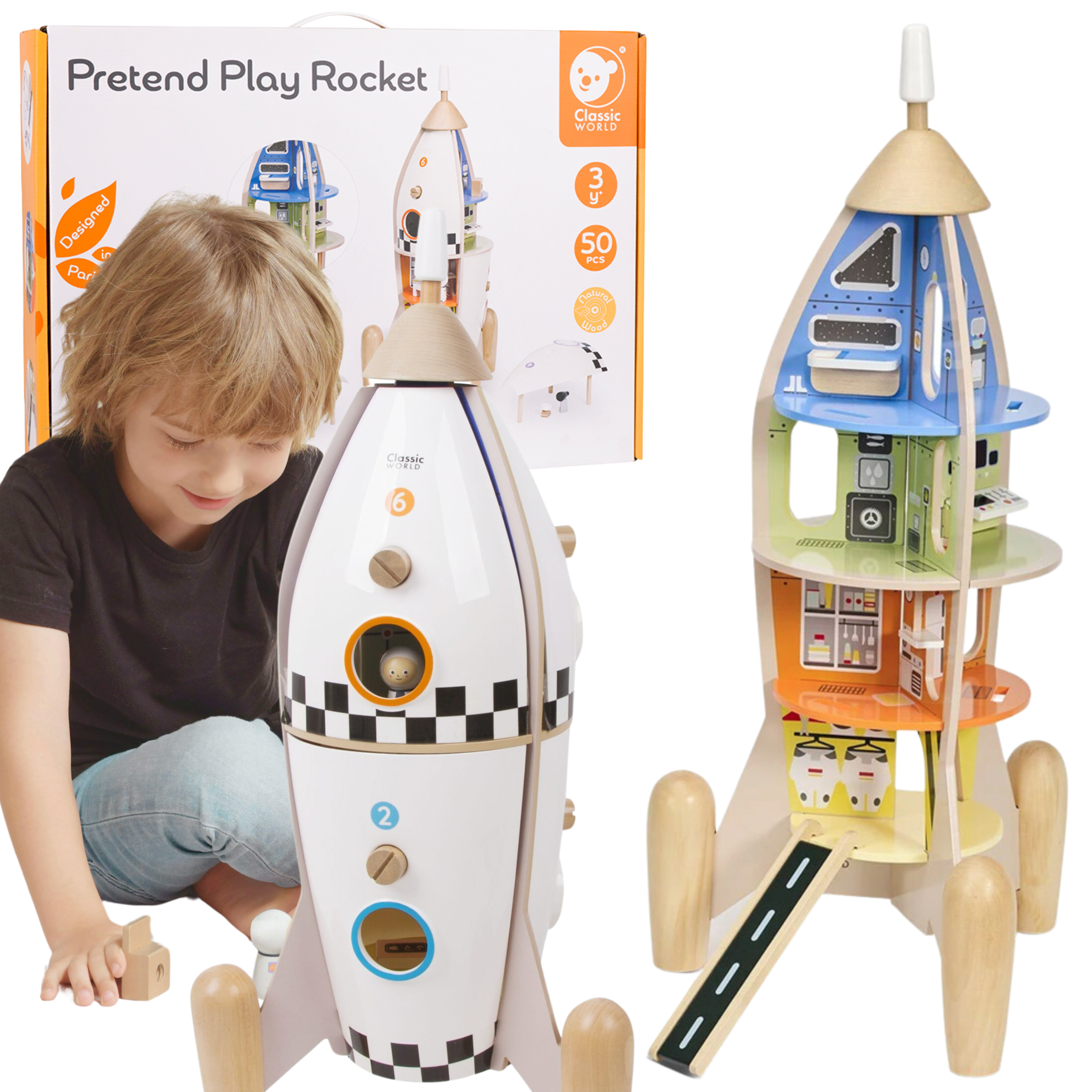 Classic World Houten Raket Kinderhuis + Beeldjes Accessoires