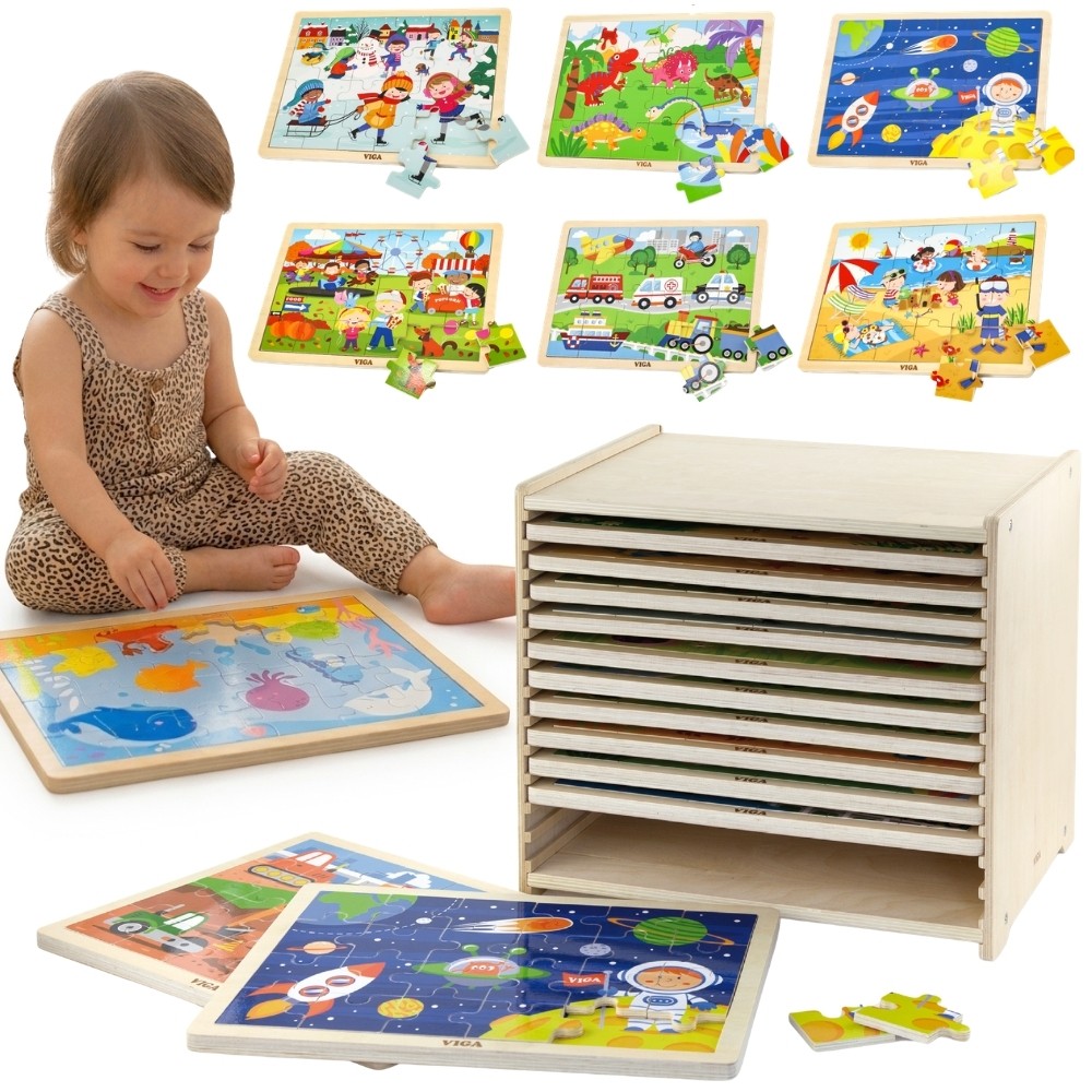 Viga Wooden Puzzle Set 12 Puzzles 24 Pieces Each On A Stand