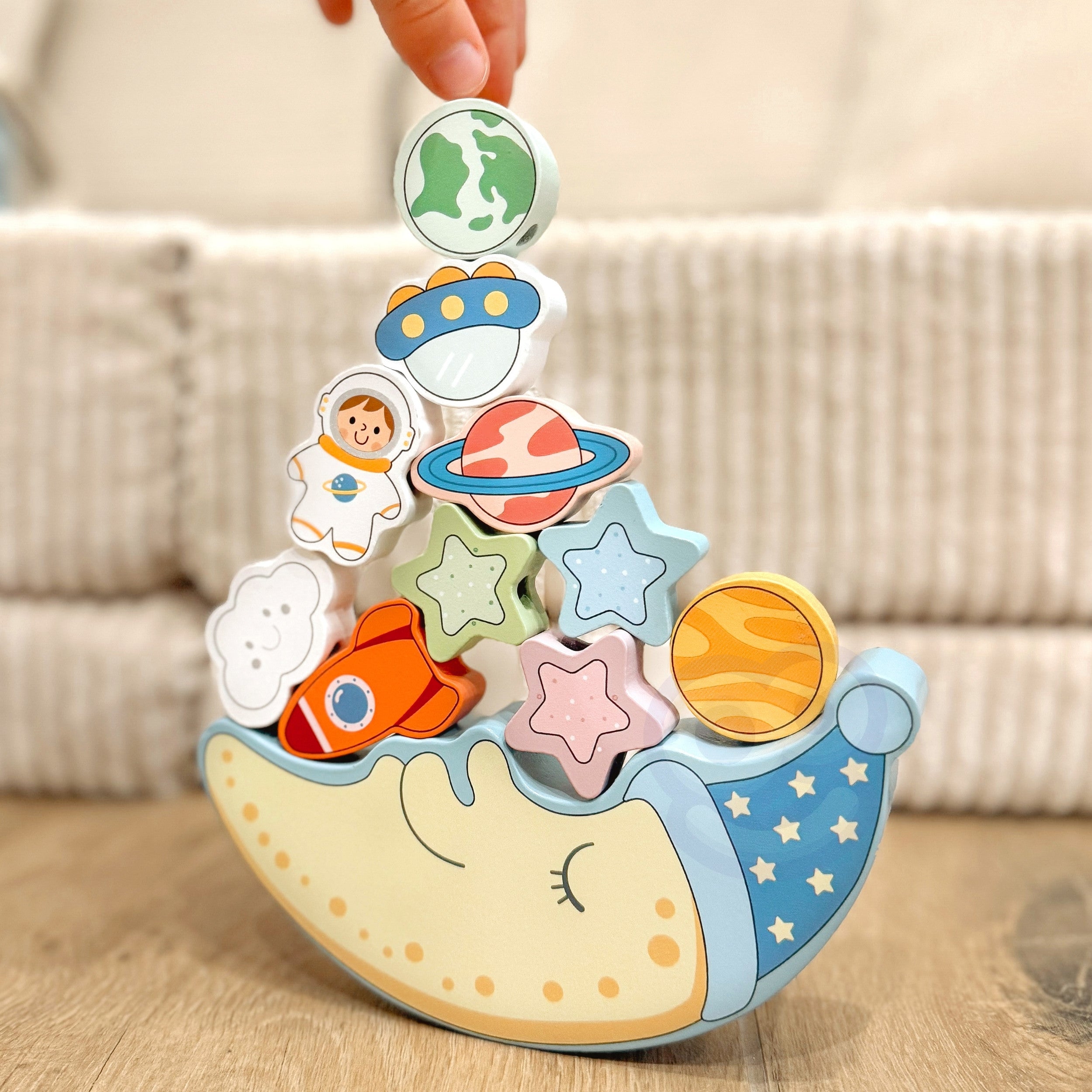 Tooky Toy Cosmic Sleeping Moon Balancing Wooden Puzzle Threading Montessori Space