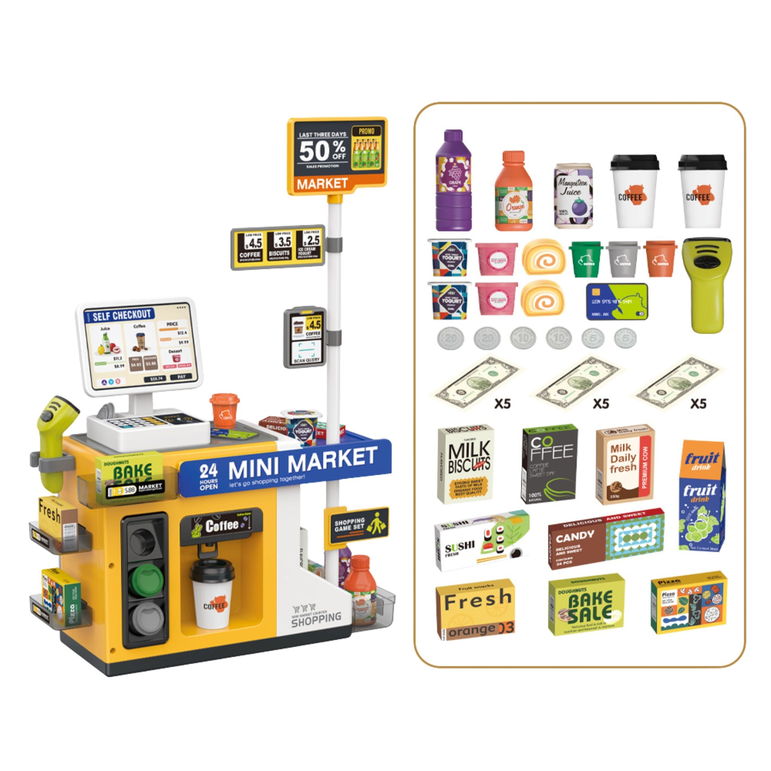 Woopie Mini Market Interactive Cash Register Scanner Accessories Sounds Light