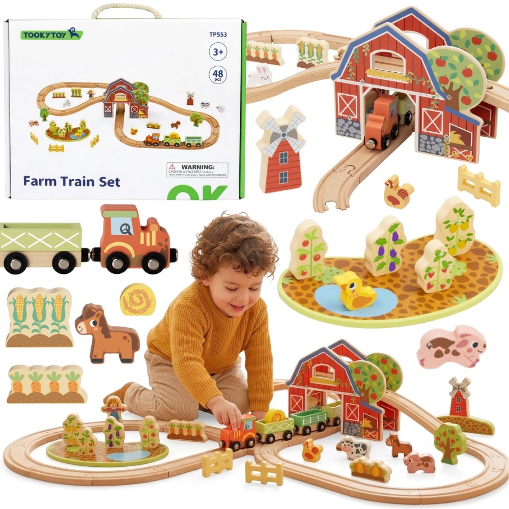 Tooky Toy Bauernhof-Eisenbahn-Set aus Holz, 48-tlg.