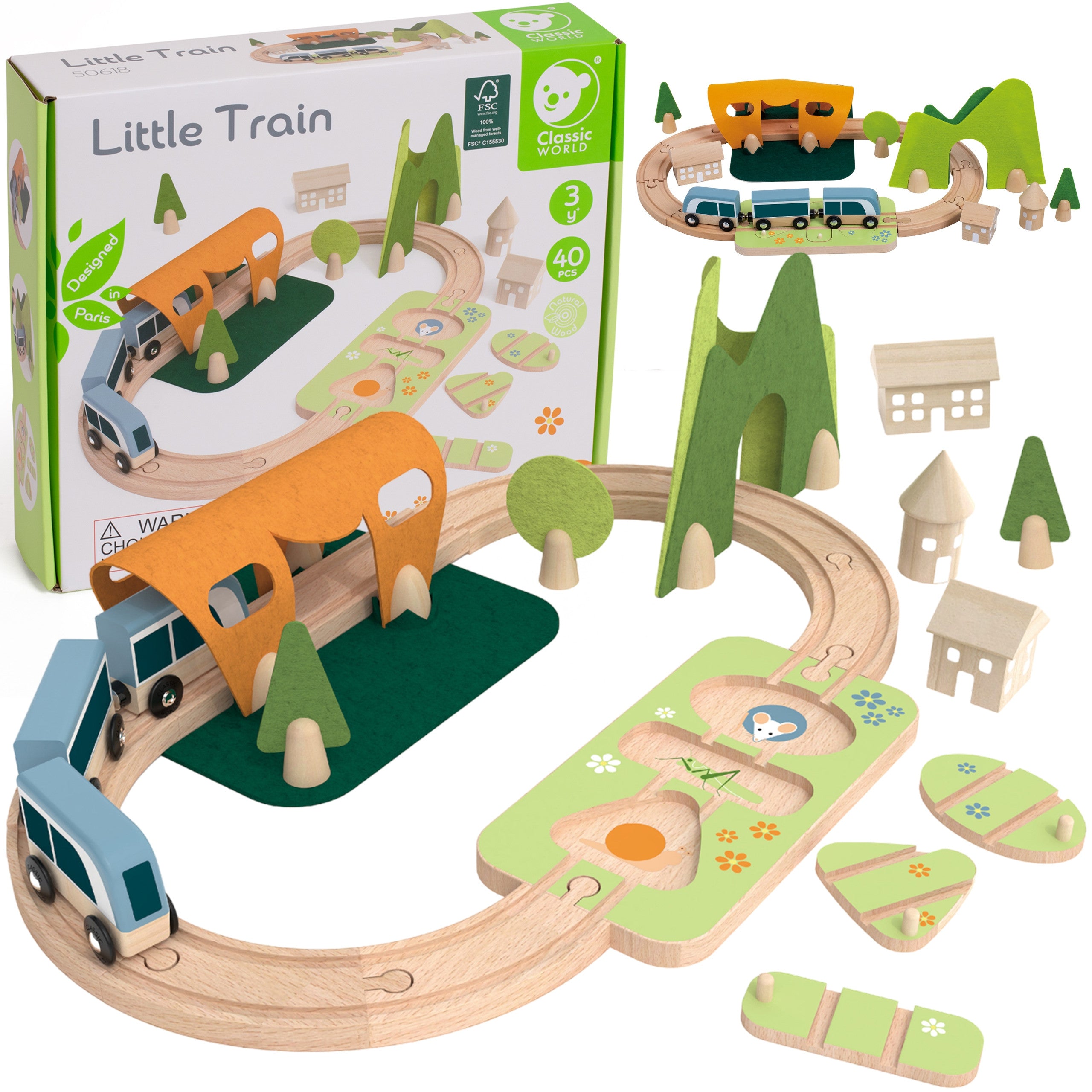 Classic World Set Railway Track Wooden Train + Shape Sorter 40 Pcs.