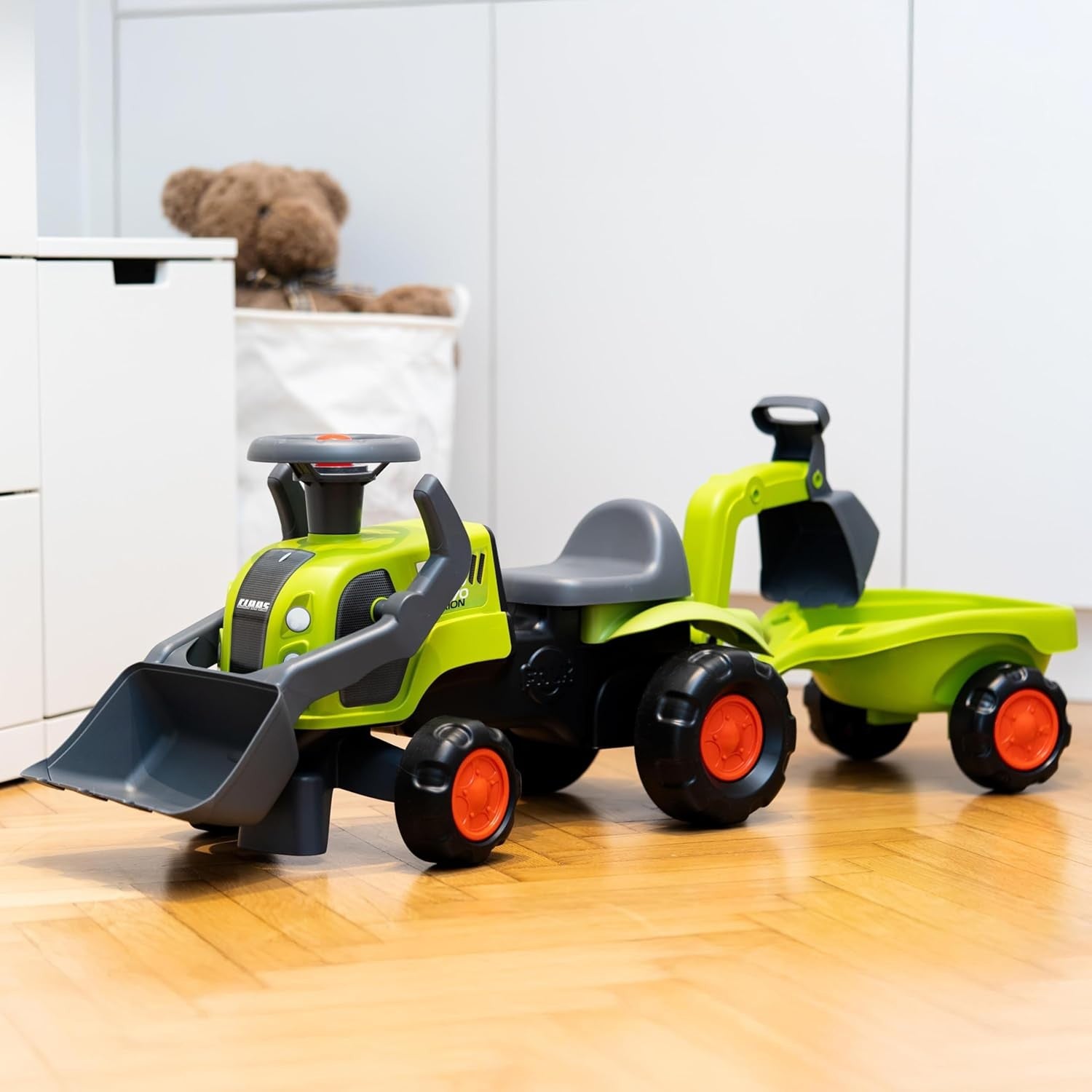 Falk Baby Claas Ride-on Tractor With Excavator Bucket And Trailer