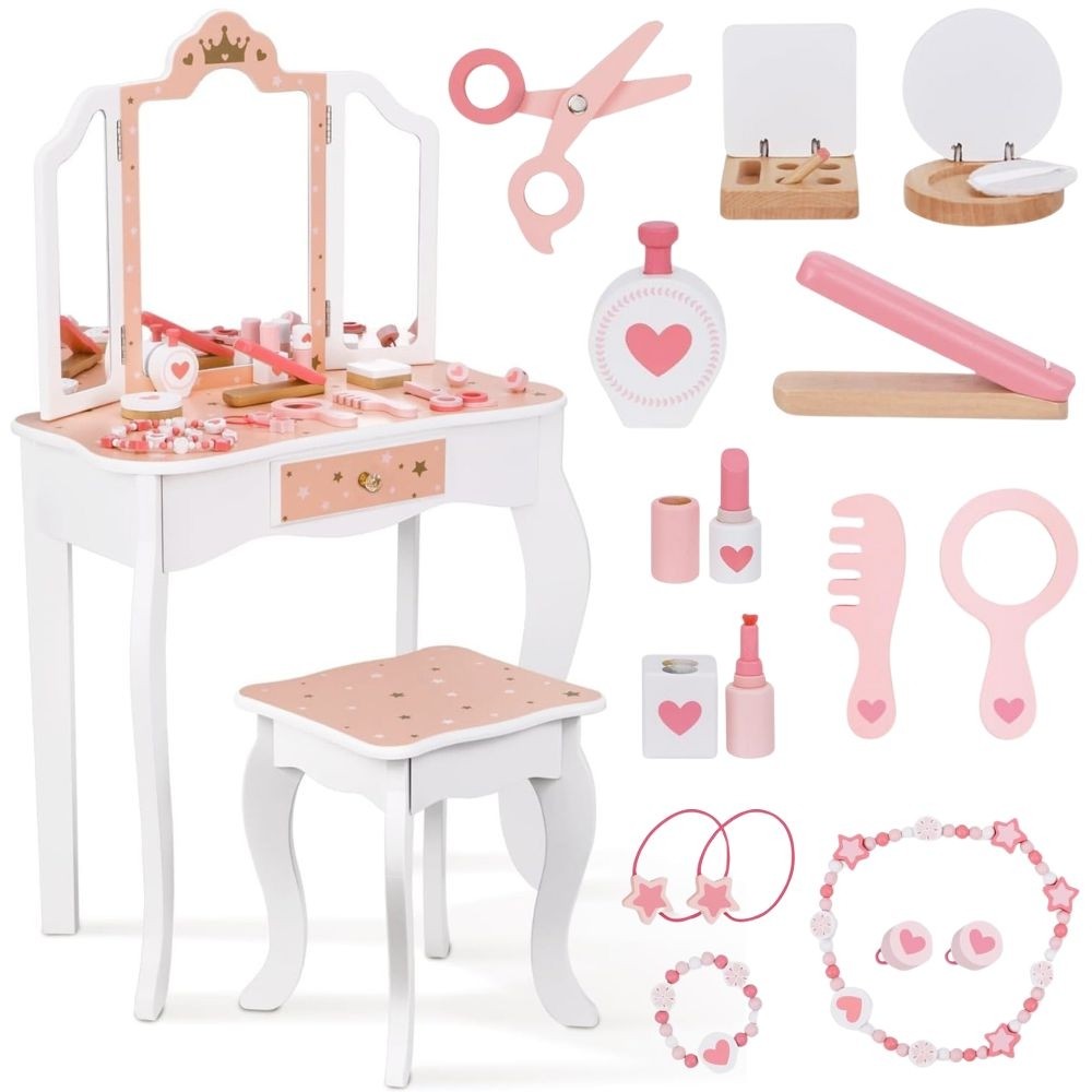 Woopie Green Wooden Dressing Table With Mirror And Accessories