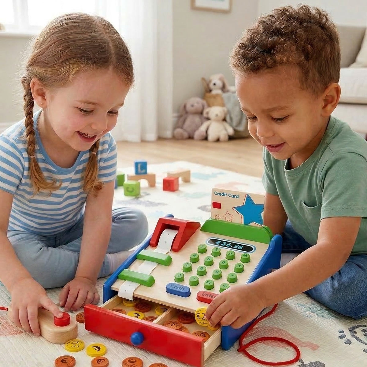 Viga-Registrierkasse aus Holz mit Montessori-Scanner-Zubehör