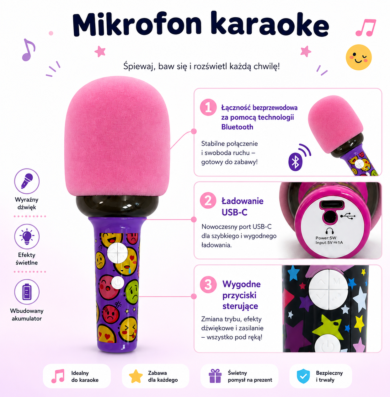 Woopie Wireless Karaoke Microphone With Bt Speaker Led Pink