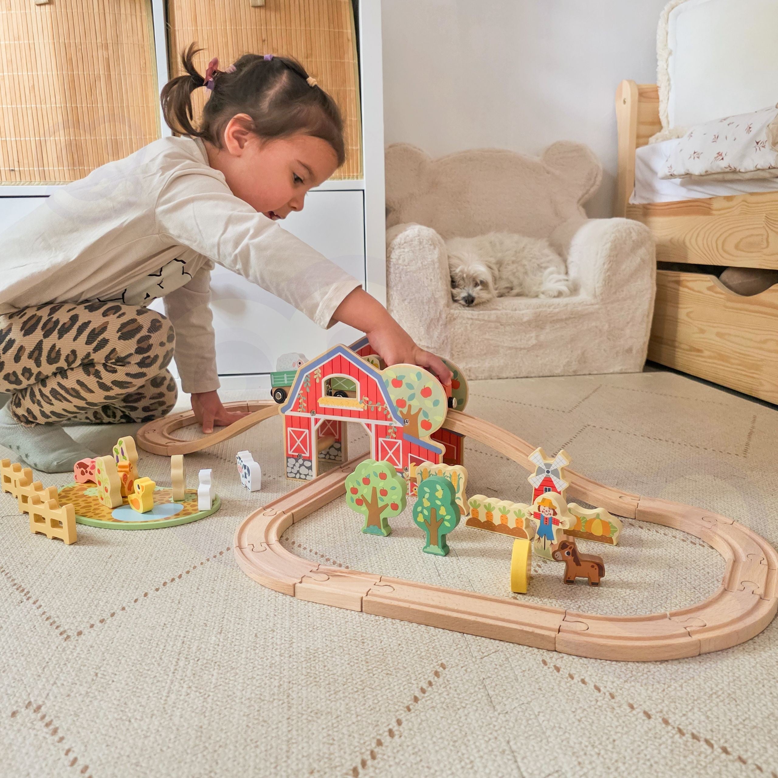 Tooky Toy Bauernhof-Eisenbahn-Set aus Holz, 48-tlg.