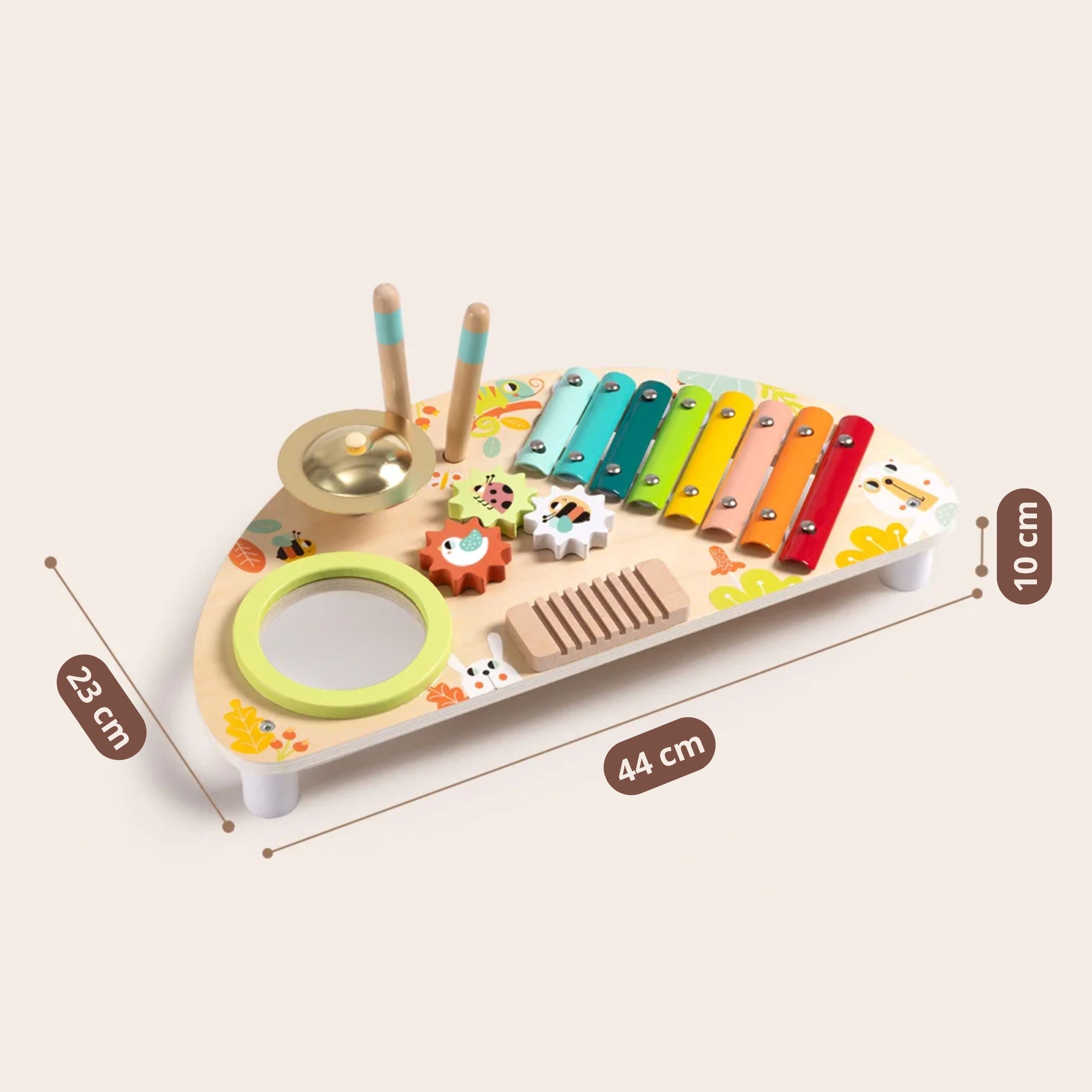 Tooky Toy Strumento multifunzionale Centro musicale Xilofono Ingranaggi Grattugia Tamburo Bacchette per piatti
