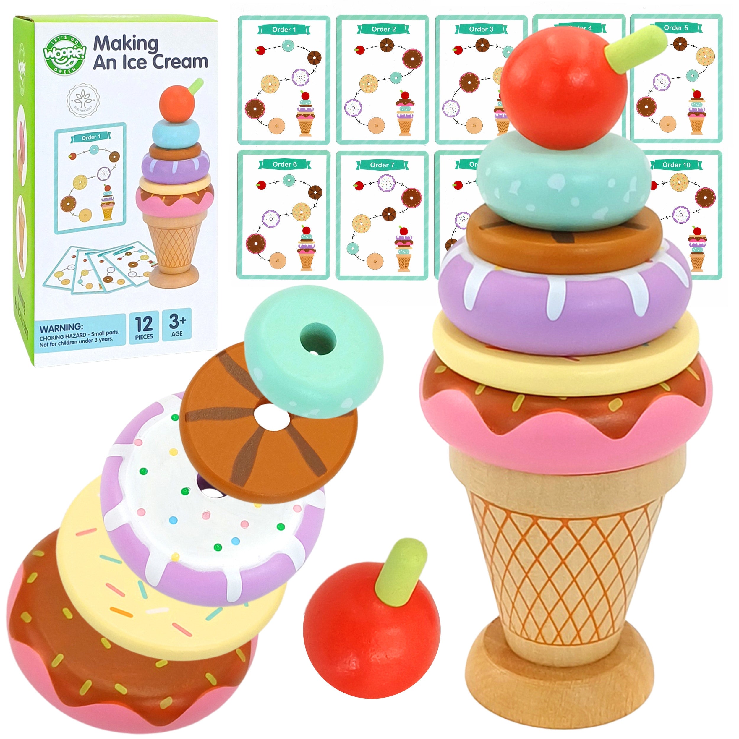 Woopie Green Wooden Ice Cream Montessori Puzzle Confectionery 12 Pieces Fsc