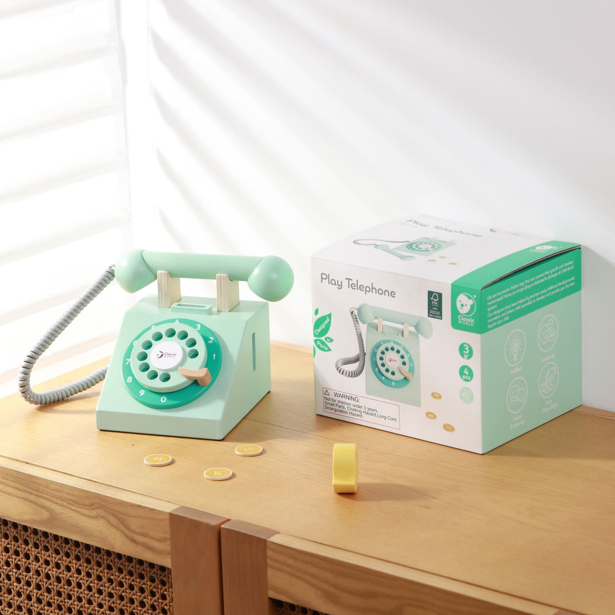 Classic World Klassisches Holztelefon für Kinder 4-tlg.