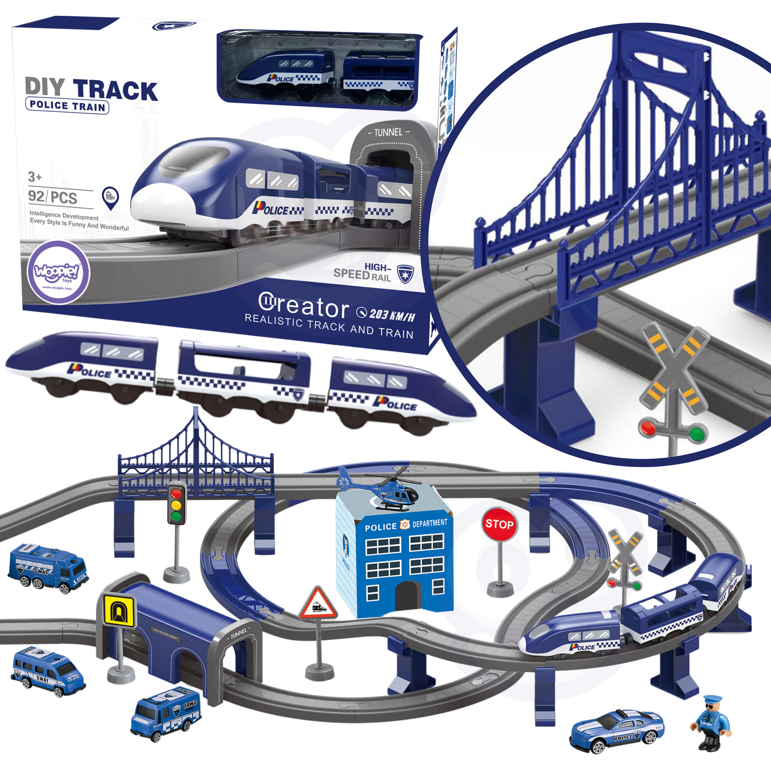 Woopie Electric Train Car Track Police Station Helicopter Cars 92 Pcs.