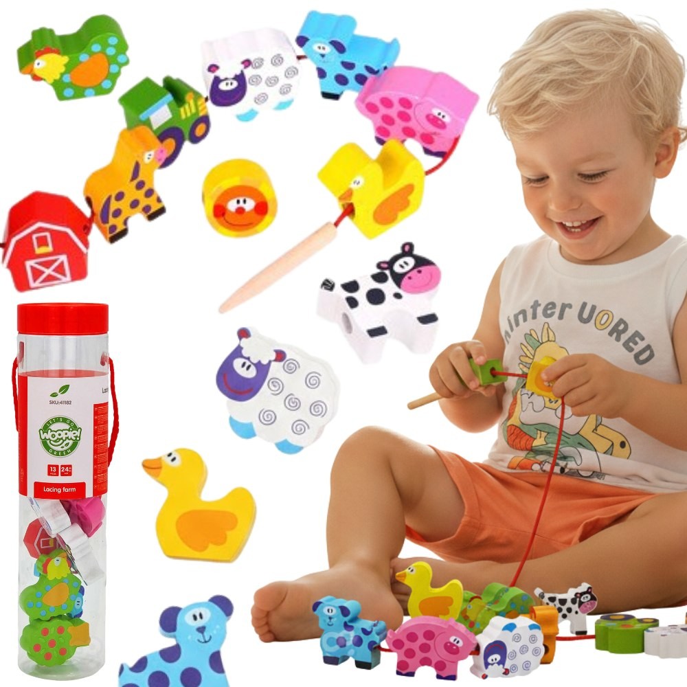 Woopie Green Wooden Threading Blocks Animals Farm 13 Pcs.