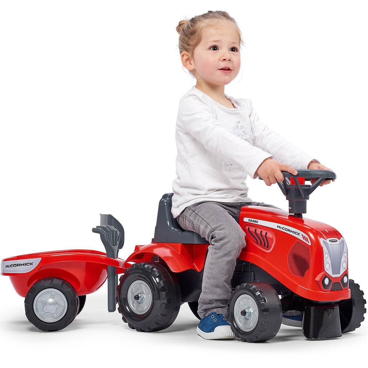 Czerwony traktor Falk Baby Mac Cormick z przyczepą i akcesoriami od 1 roku