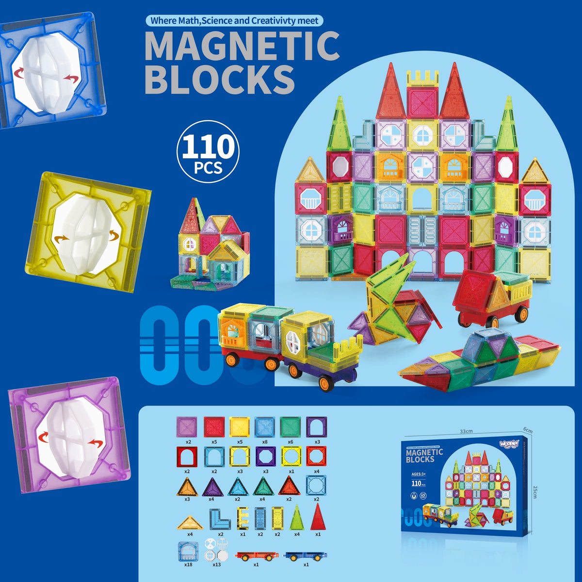 Woopie Blocchi di costruzione magnetici Set educativo 3D Veicoli del castello 110 pezzi.