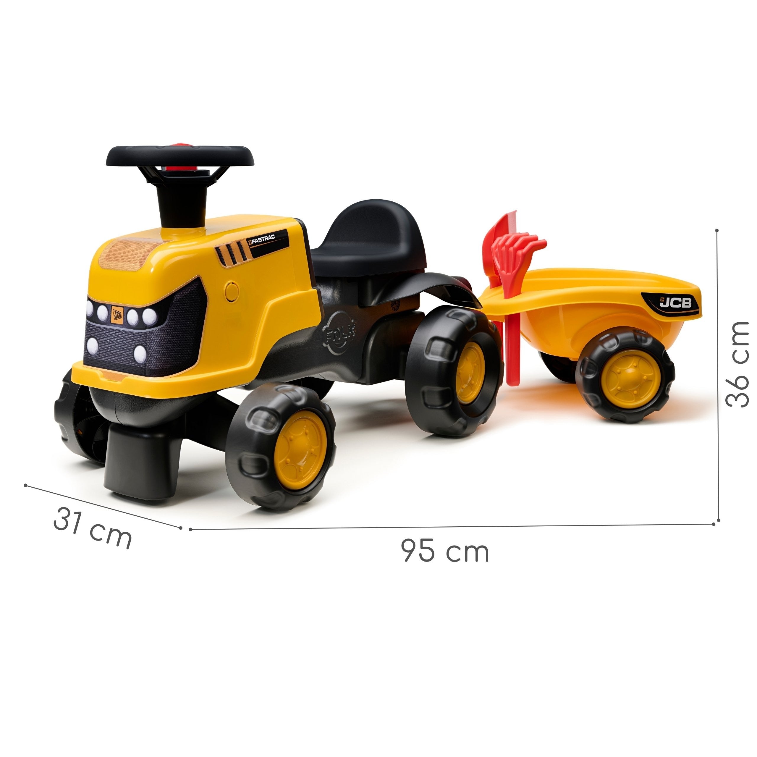 Traktor Falk Ride-on Jcb Fastrac s návesovou lopatou a hrabľami 1-3 roky