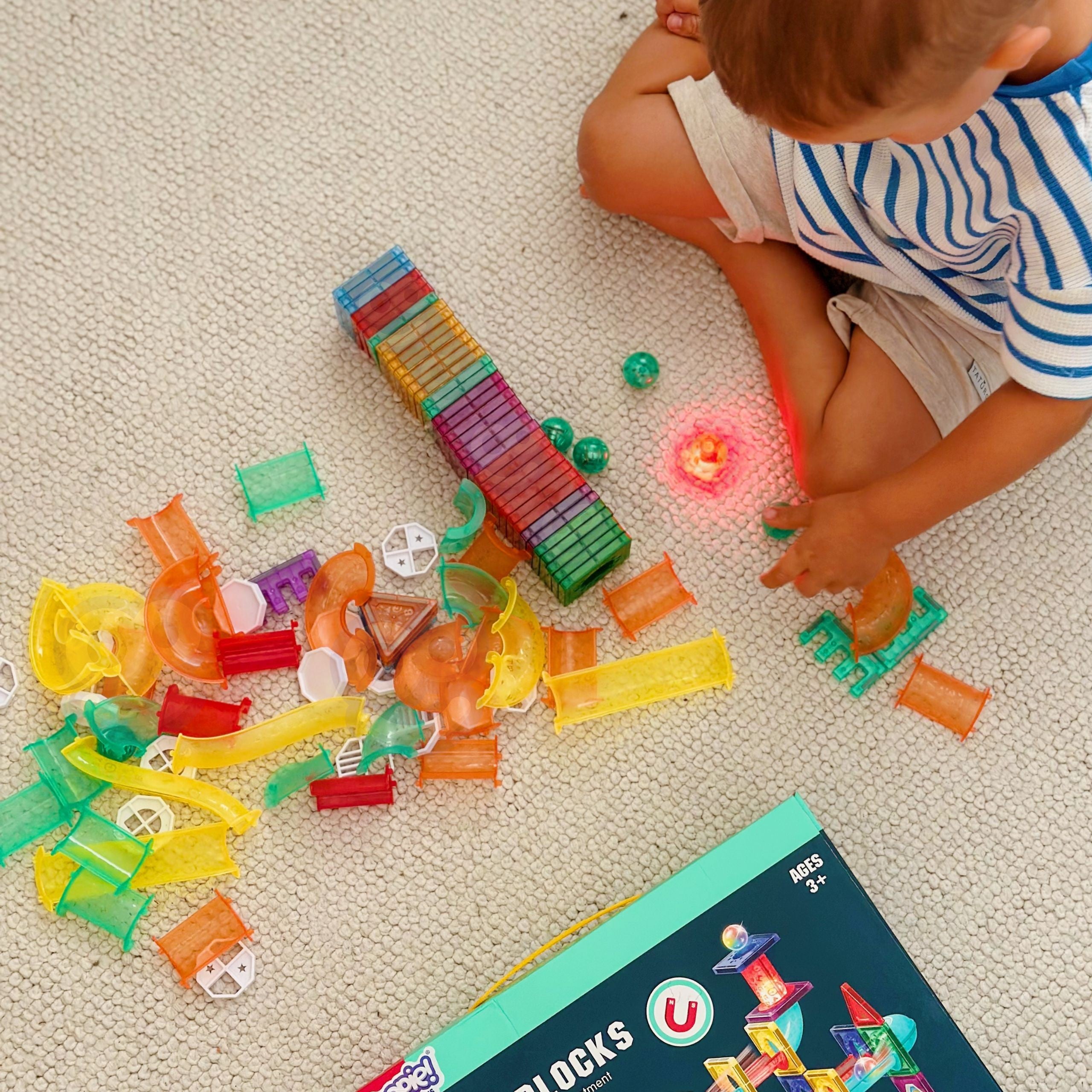 Woopie Bloques de construcción magnéticos Juego educativo 3D Pista de bolas 105 piezas.