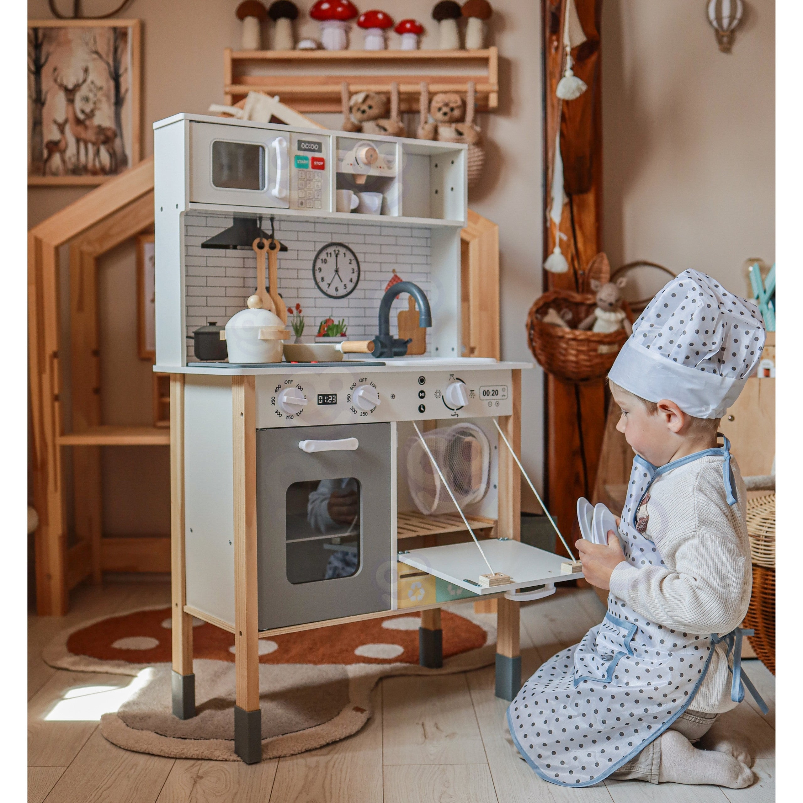 Дървена интерактивна кухня Woopie Green 9 в 1 с пералня и бяла дъска