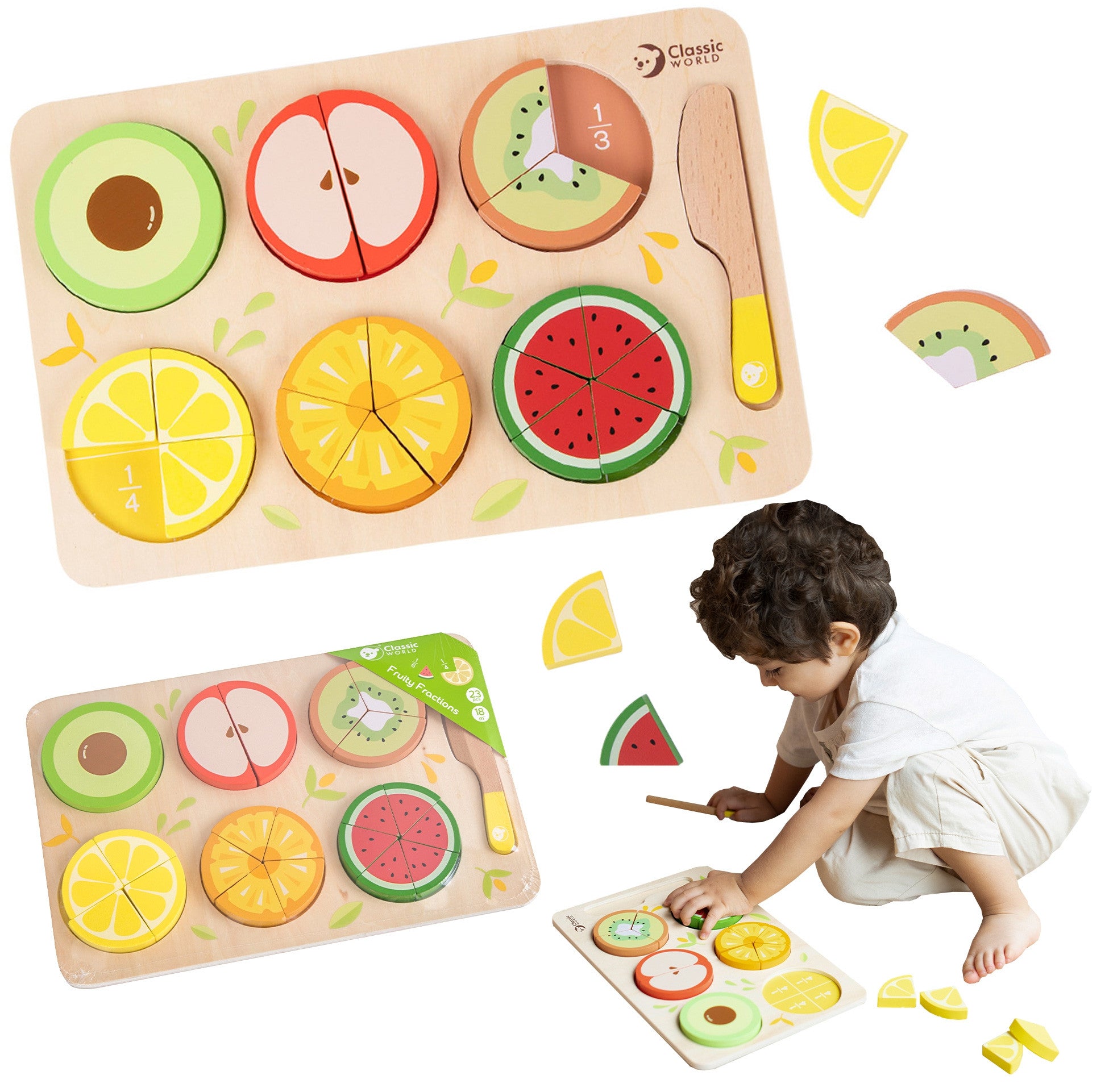 Classic World Houten Vruchten Om Te Snijden Met Klittenband + Leren Breuken En Verdeling Montessori 23 St.