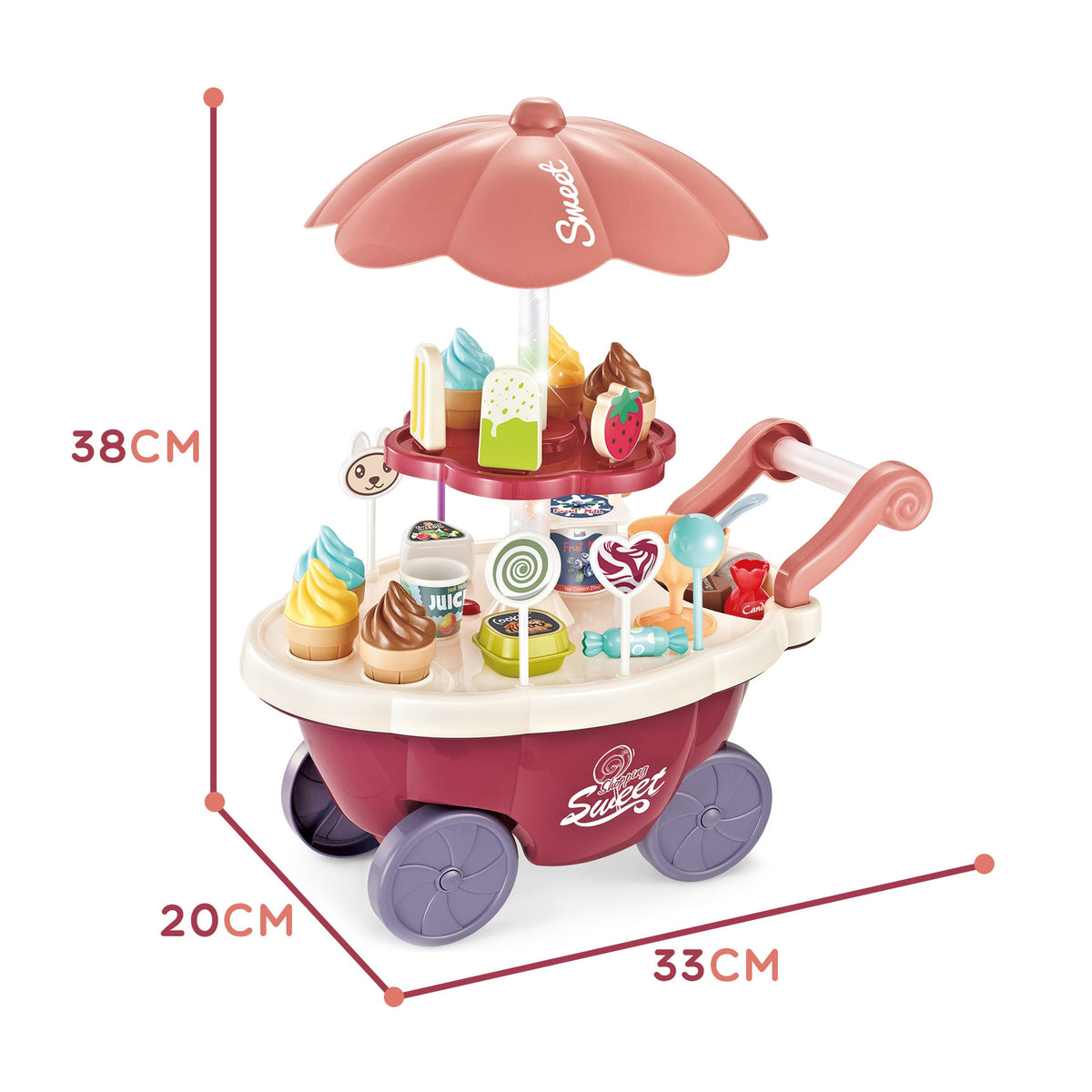 Woopie Food Truck Wózek cukierniczy Stojak na lody i słodycze Dźwięk Światło + 36 akcesoriów