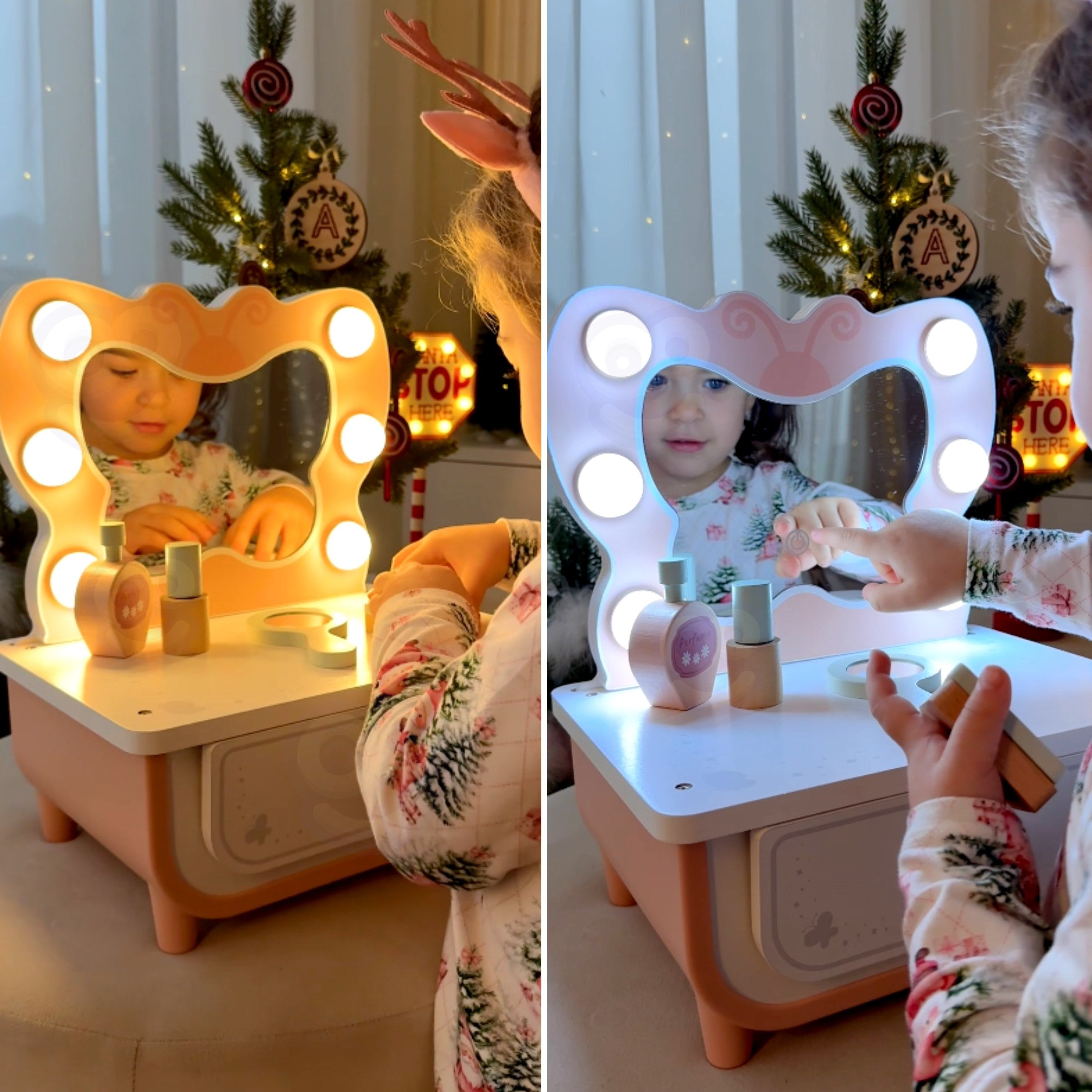 Tooky Toy Дървена тоалетка пеперуда Аксесоари Огледало с LED осветление + Козметика
