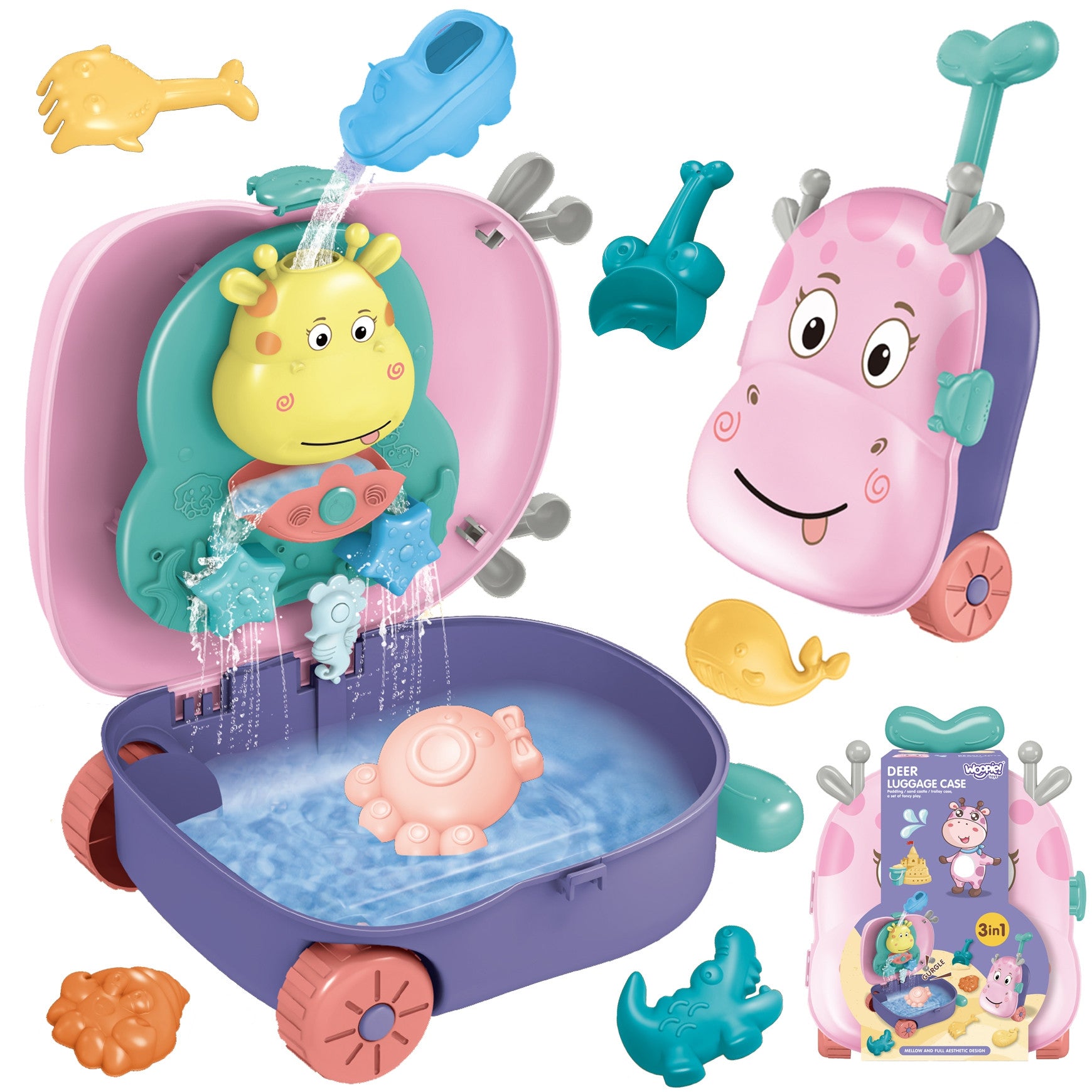 Conjunto de caixa de areia 3 em 1 Woopie: mala de cervo + brinquedo aquático