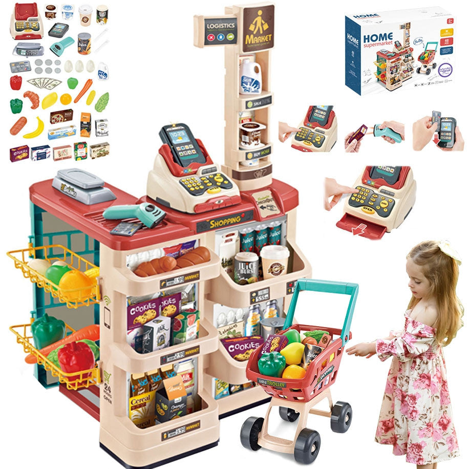 Woopie Supermarket Store With Shopping Cart Scale Cash Register Scanner + 48 Accs.