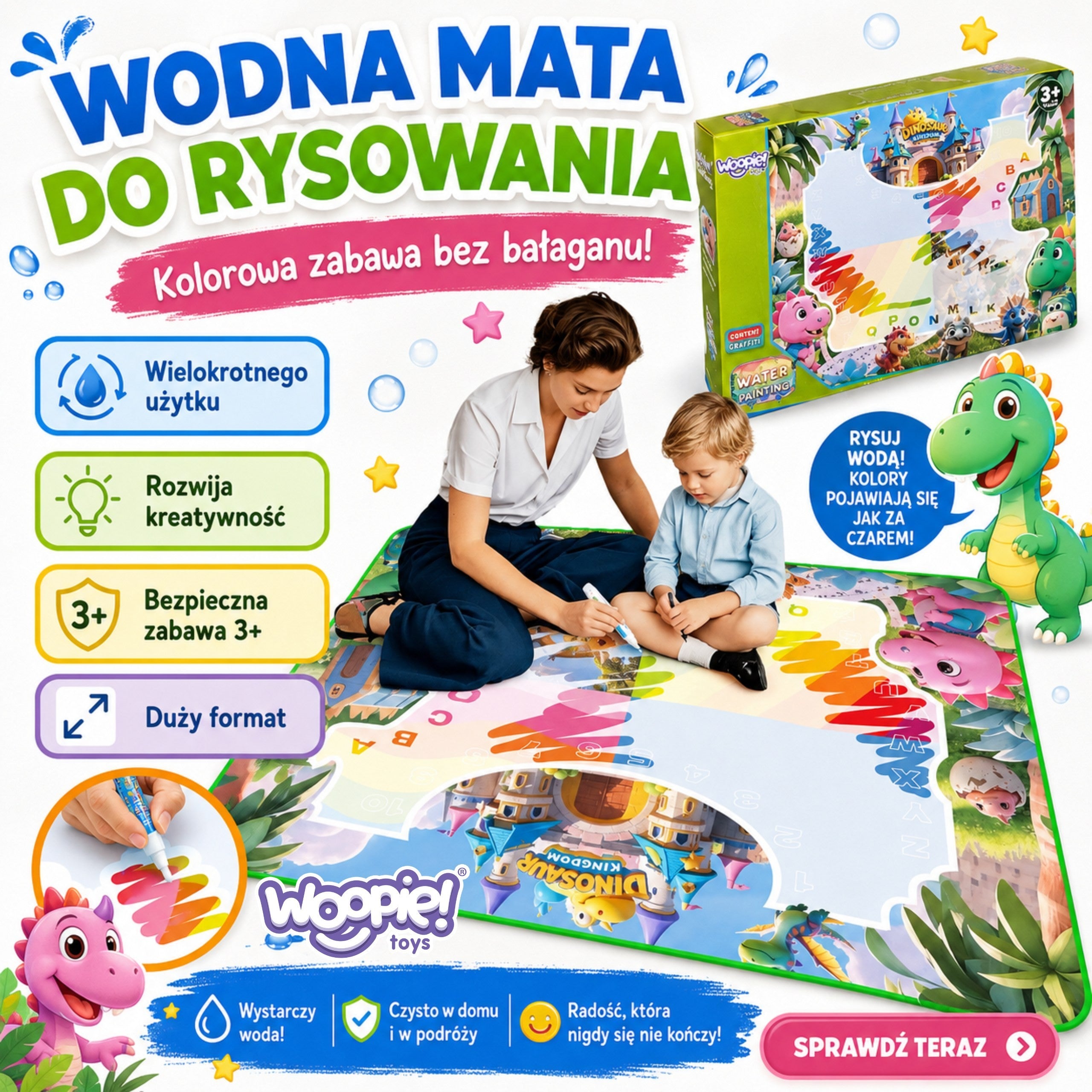 Woopie Подложка за рисуване с вода за деца с динозаври + аксесоари