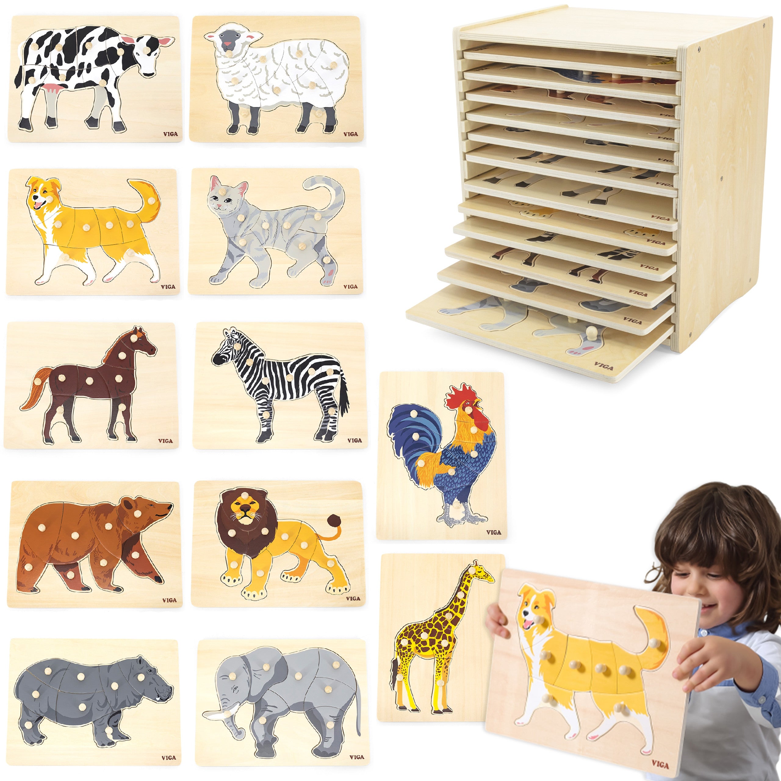 Viga Ensemble de puzzles en bois 12 puzzles animaux Montessori + support