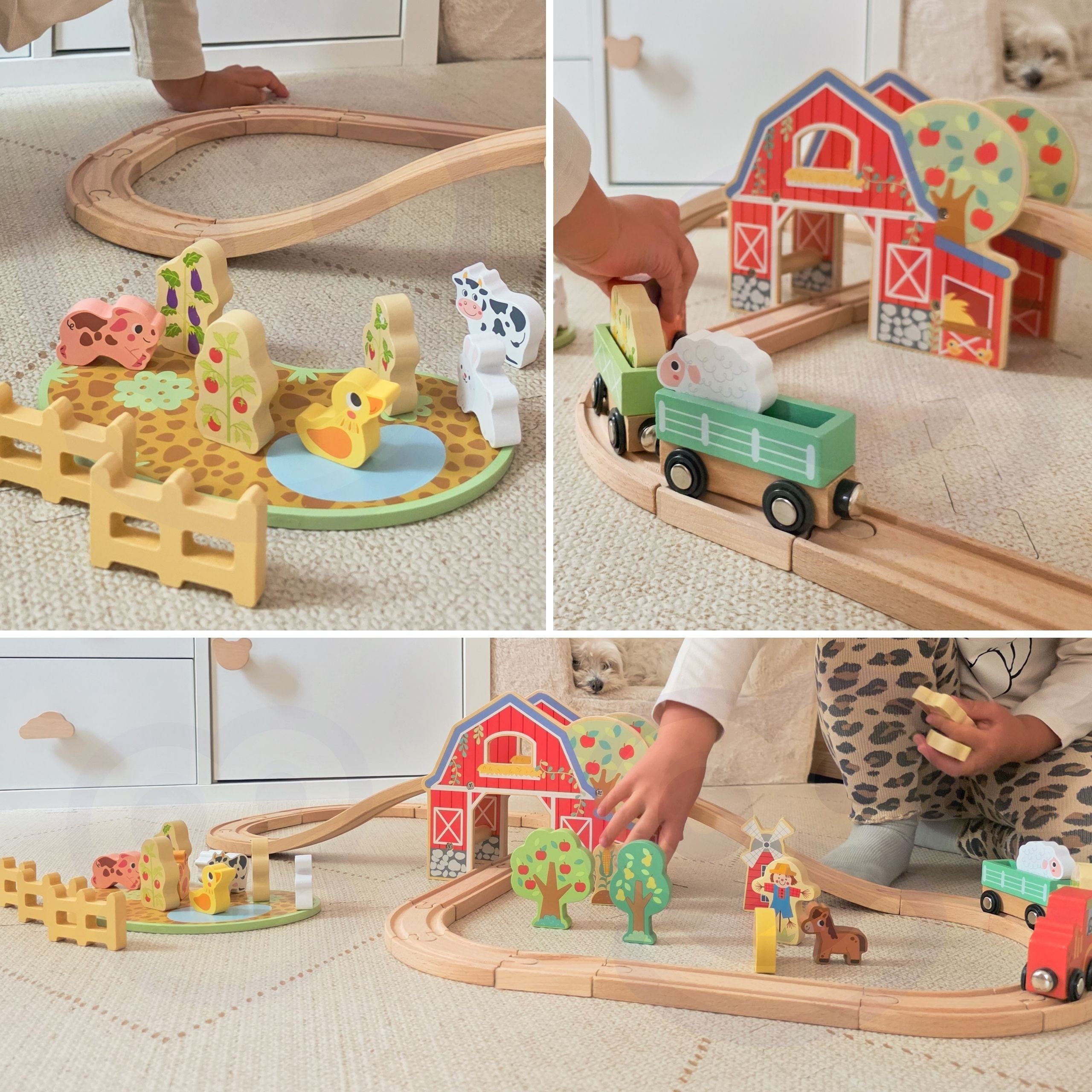 Tooky Toy Bauernhof-Eisenbahn-Set aus Holz, 48-tlg.