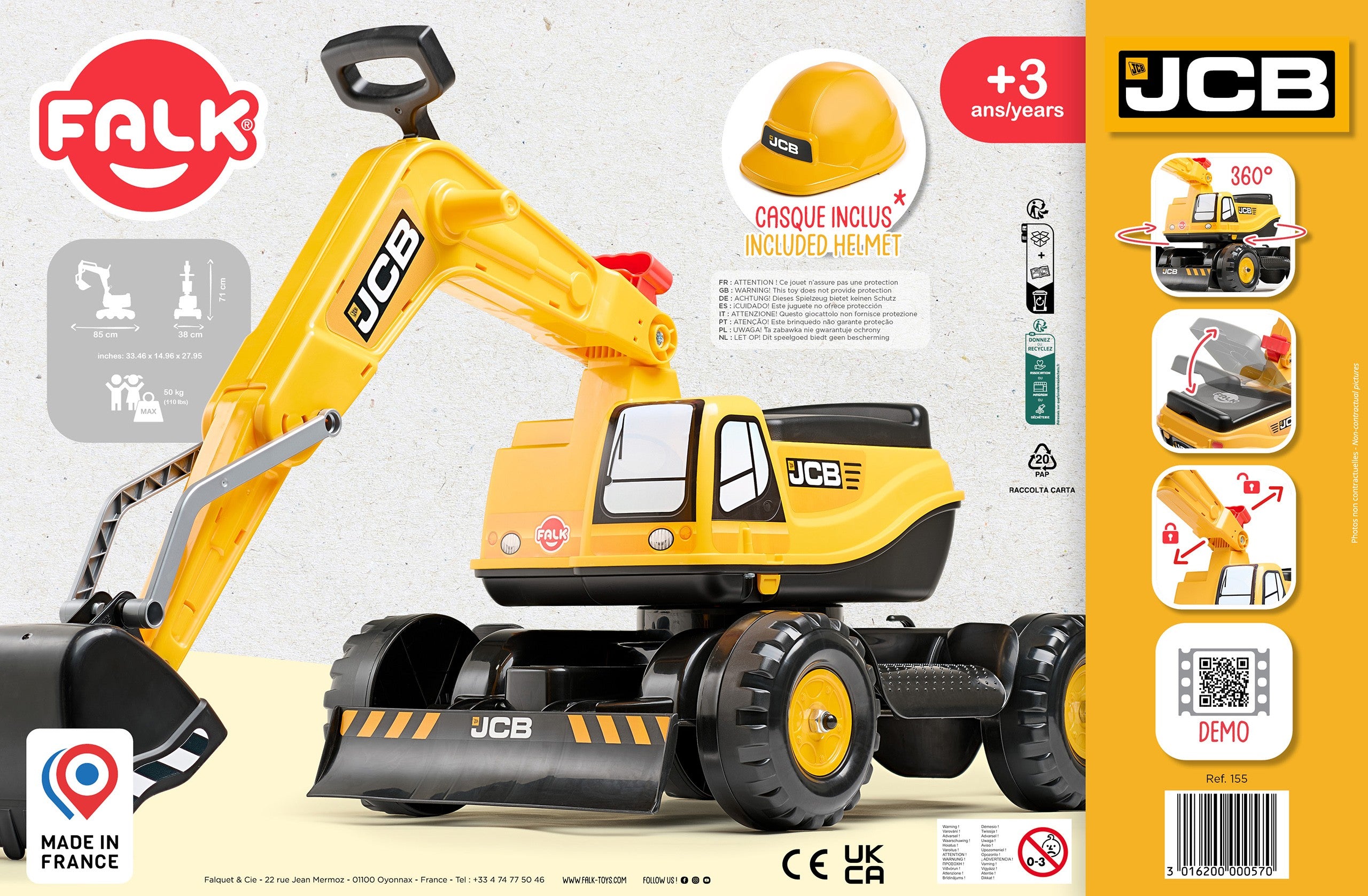 Pelle Falk Jcb Digger Rotative Godet Mobile Jaune À Partir De 3 Ans.