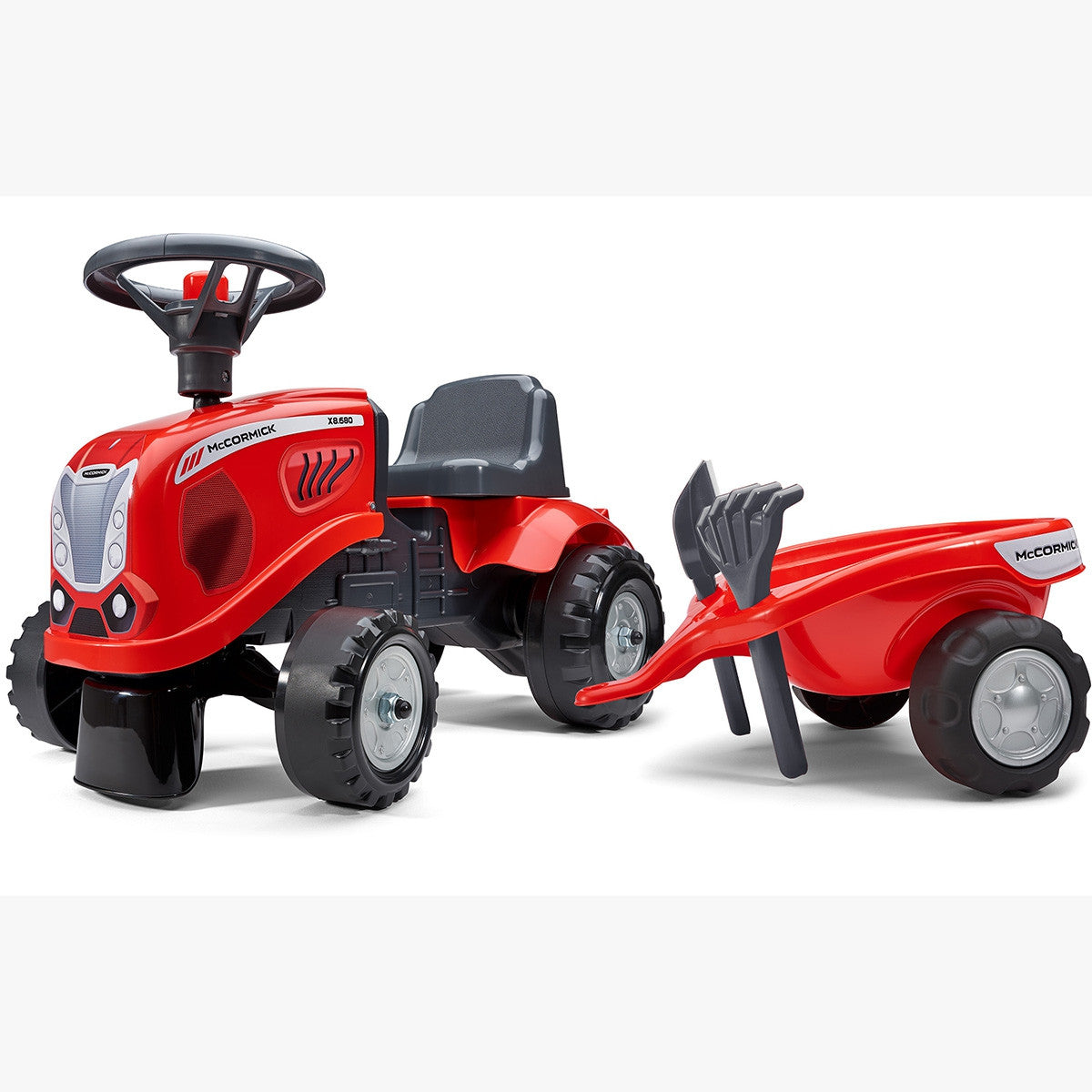 Czerwony traktor Falk Baby Mac Cormick z przyczepą i akcesoriami od 1 roku