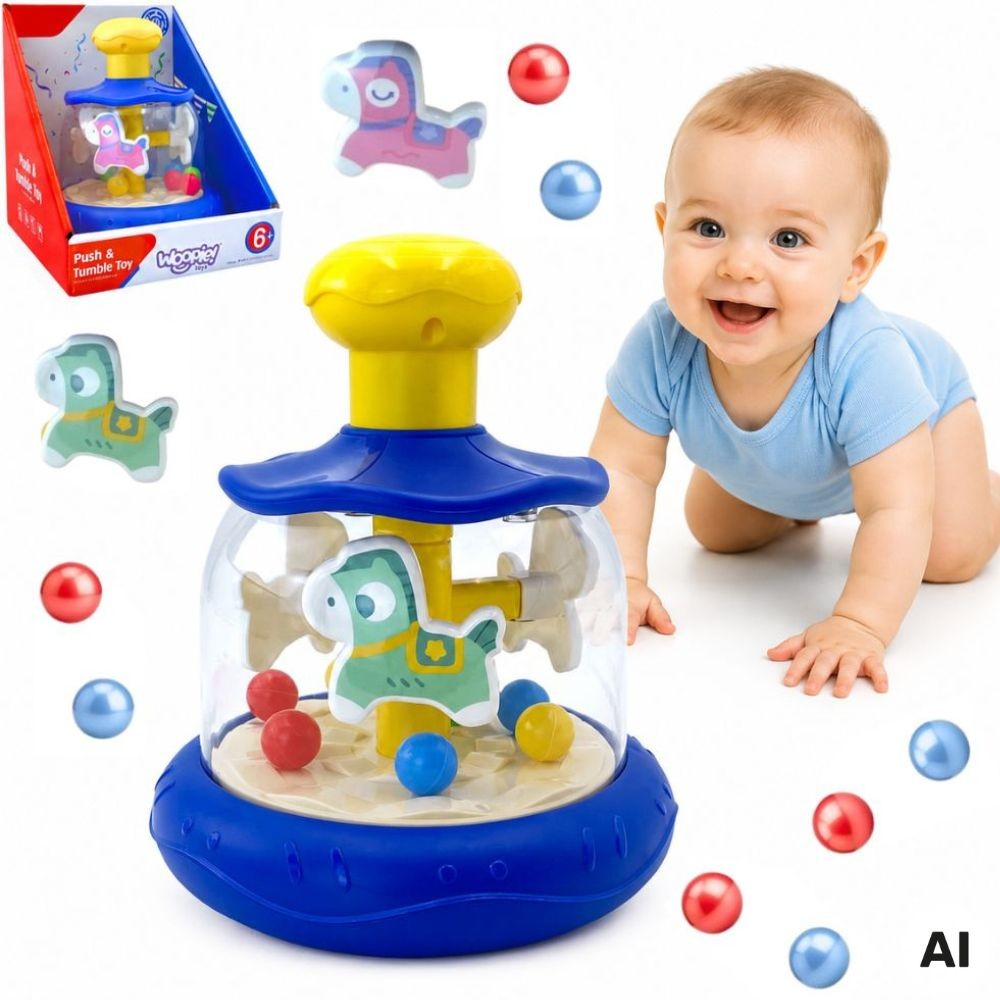 Carrossel de pião azul com cavalos coloridos Woopie Baby com bolas