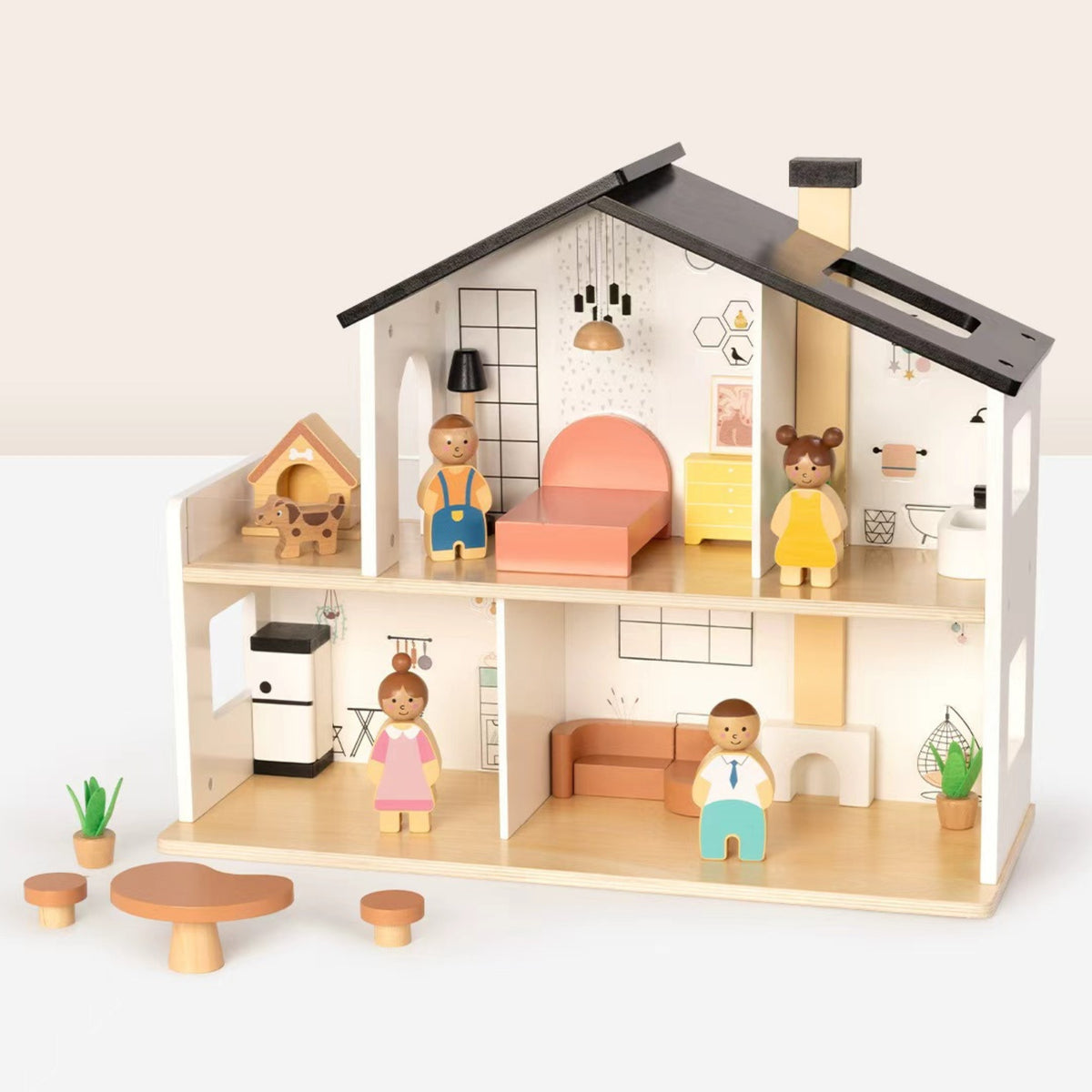 Tooky Toy Casa De Papusi Din Lemn Cu Accesorii Si Familie 20 Buc.