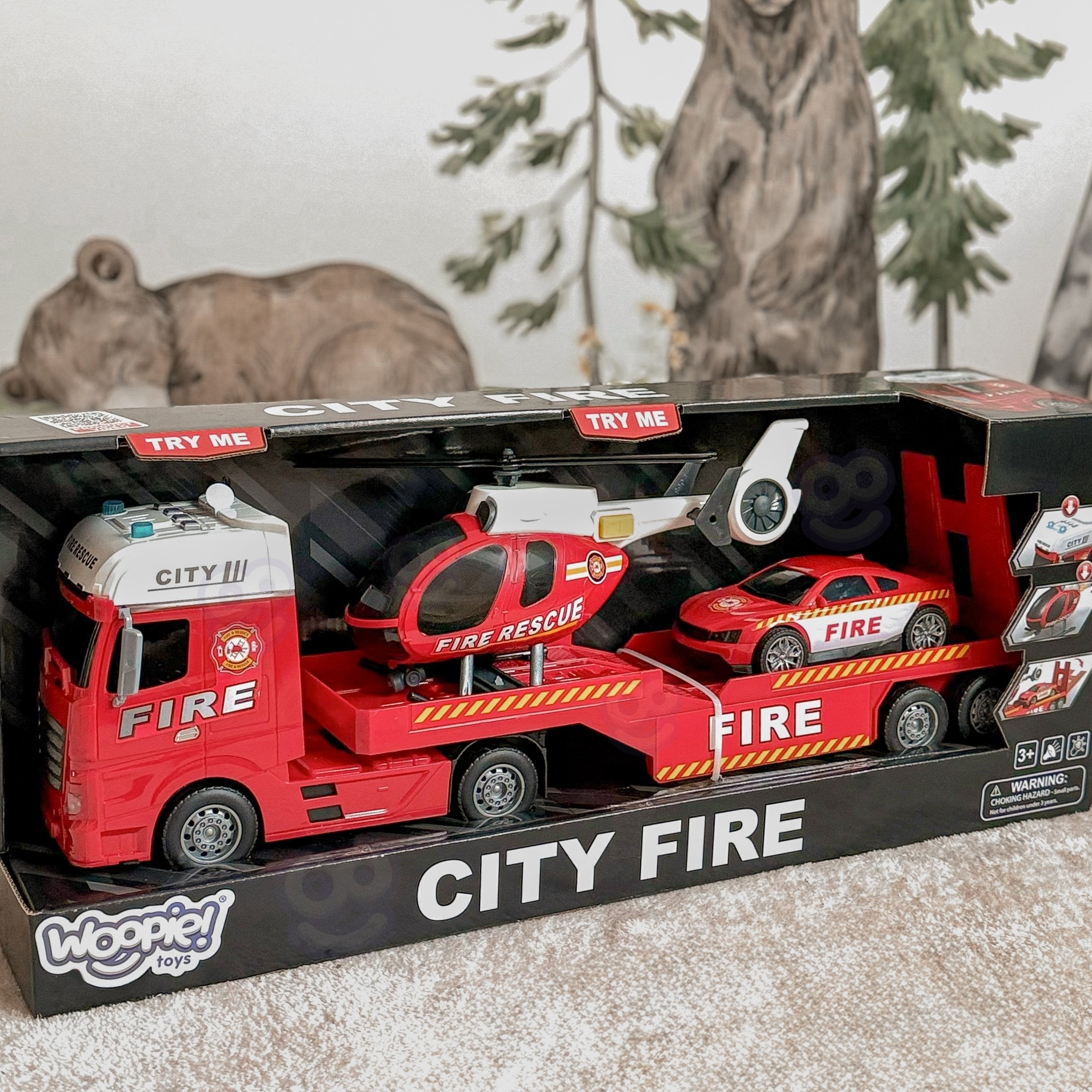 Woopie Juego de vehículos Camión de bomberos Helicóptero Coche Luz de sonido
