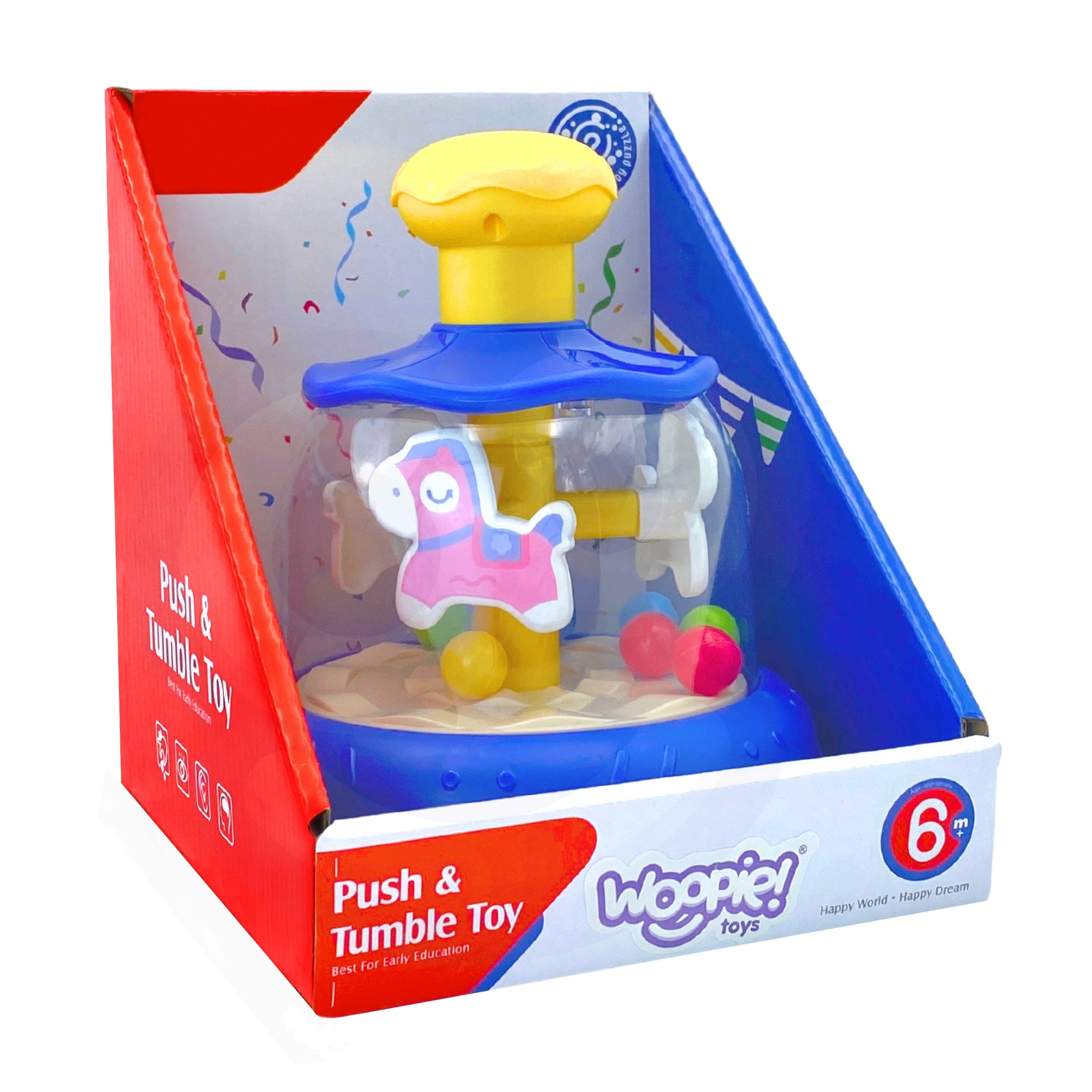 Carrossel de pião azul com cavalos coloridos Woopie Baby com bolas