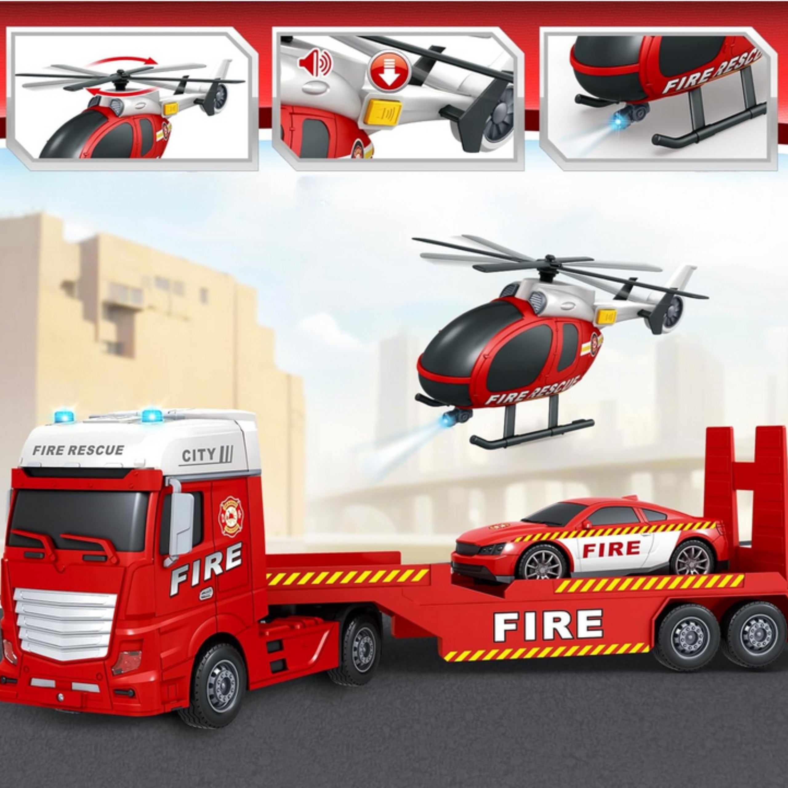 Woopie Juego de vehículos Camión de bomberos Helicóptero Coche Luz de sonido