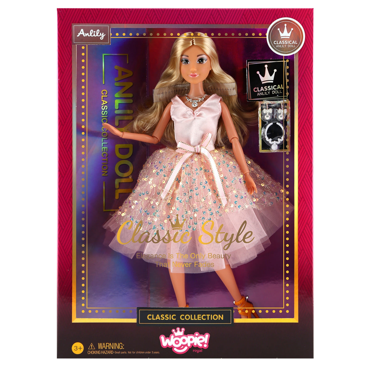 Woopie Royal Lily Doll 30 cm długie blond włosy różowa sukienka biżuteria