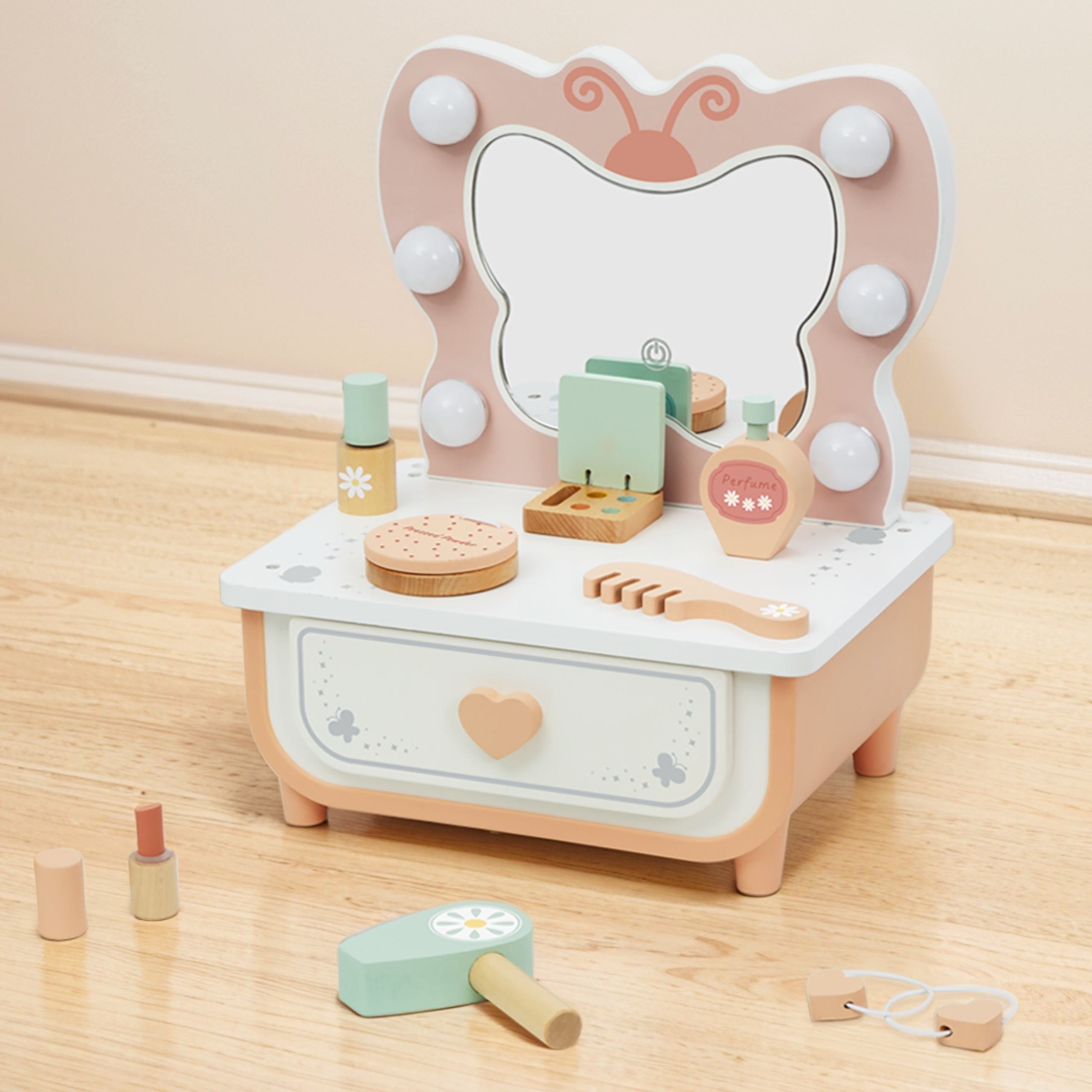 Tooky Toy Wooden Butterfly Dressing Table Accessories Mirror With Led Lighting + Cosmetics